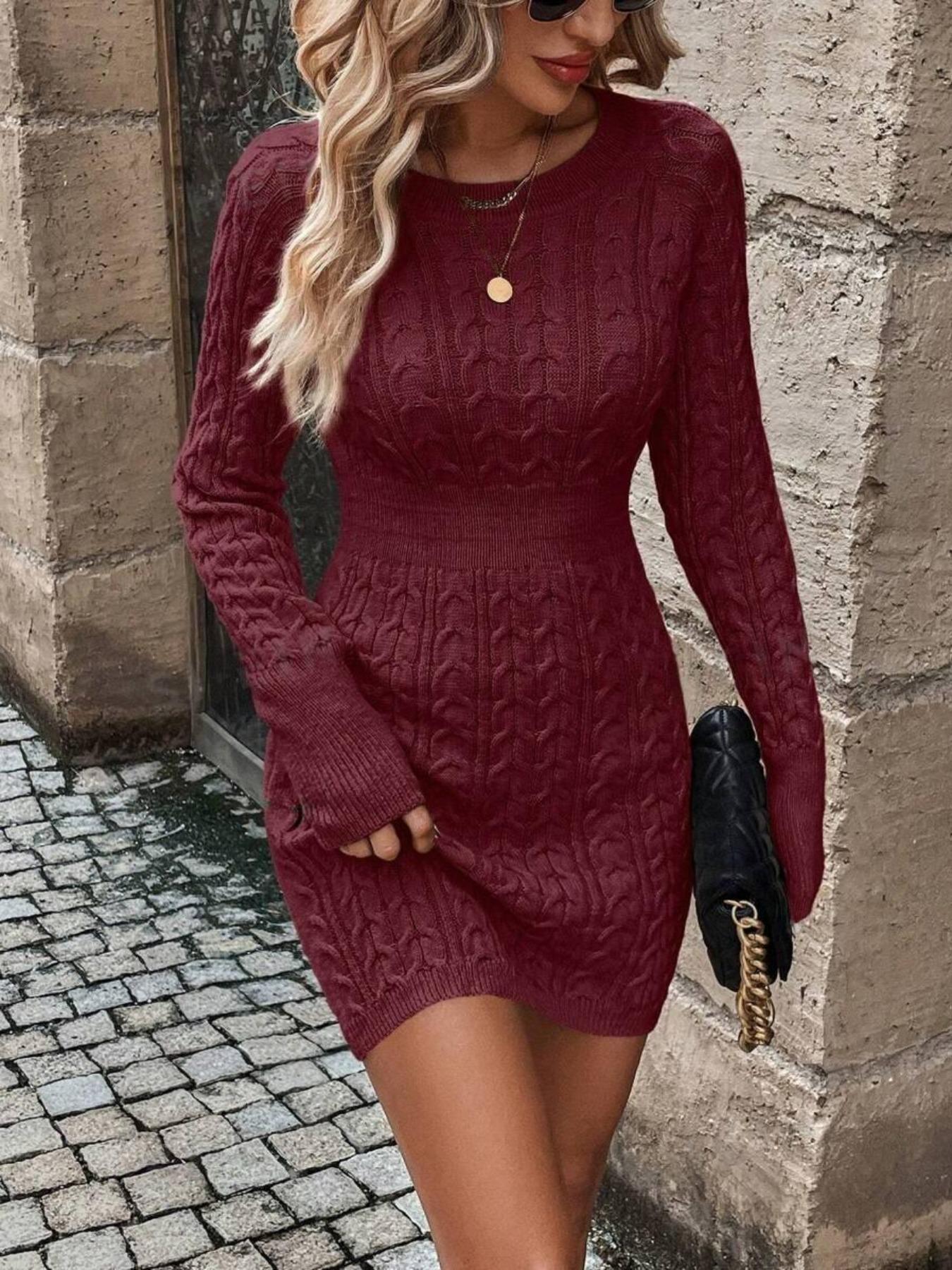 Women's Plain Round Neck Cable-Knit Bodycon Sweater Dress, Womenswear Elegant Fashion Casual Long Sleeve Jumper Dress for Everyday Wear, Women's Knitwear for Fall & Winter, Casual Elegance Chic