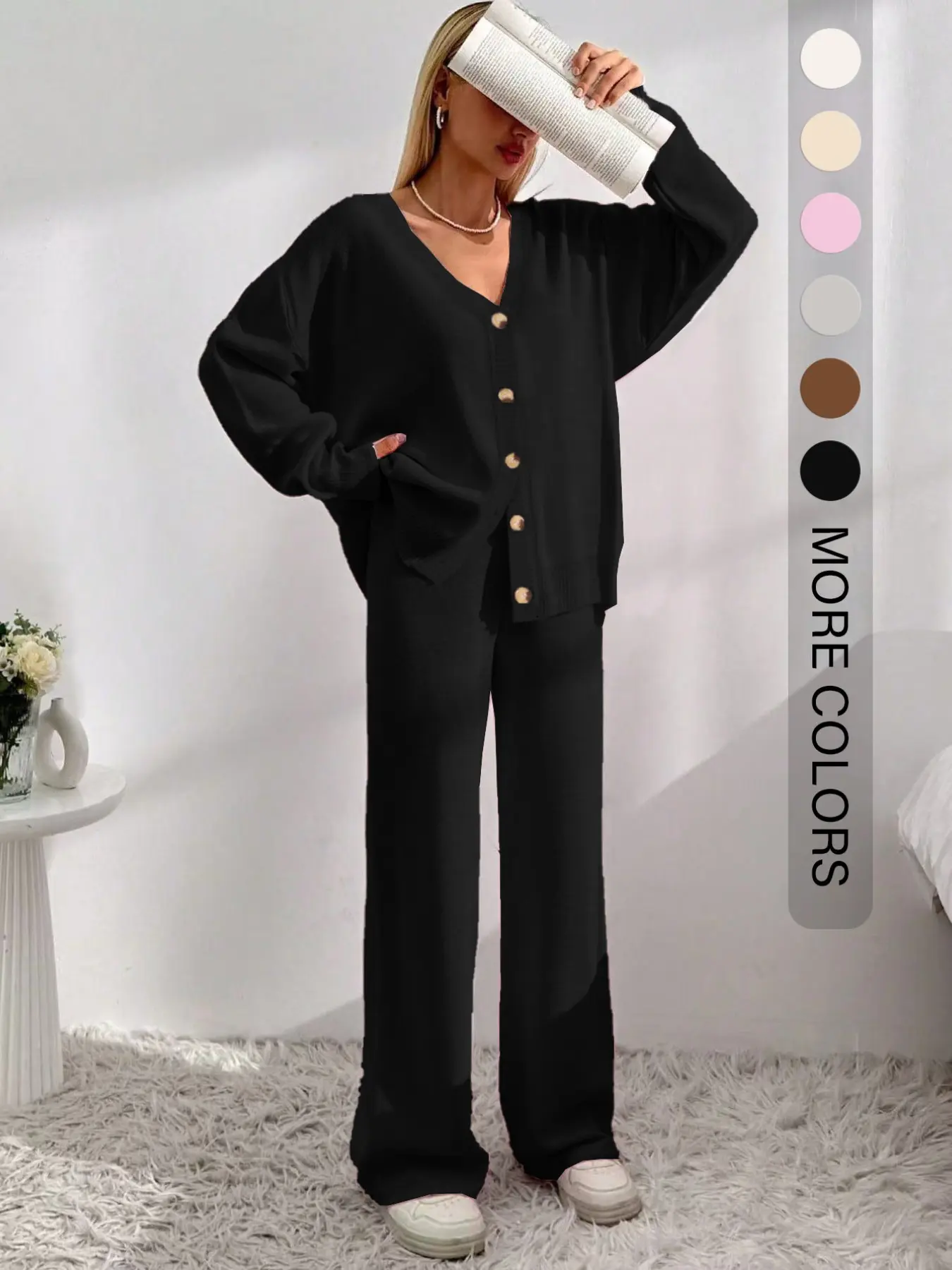 Women’s V-Neck Knit Set – Button Front Cardigan & Wide-Leg Trousers for Autumn & Winter