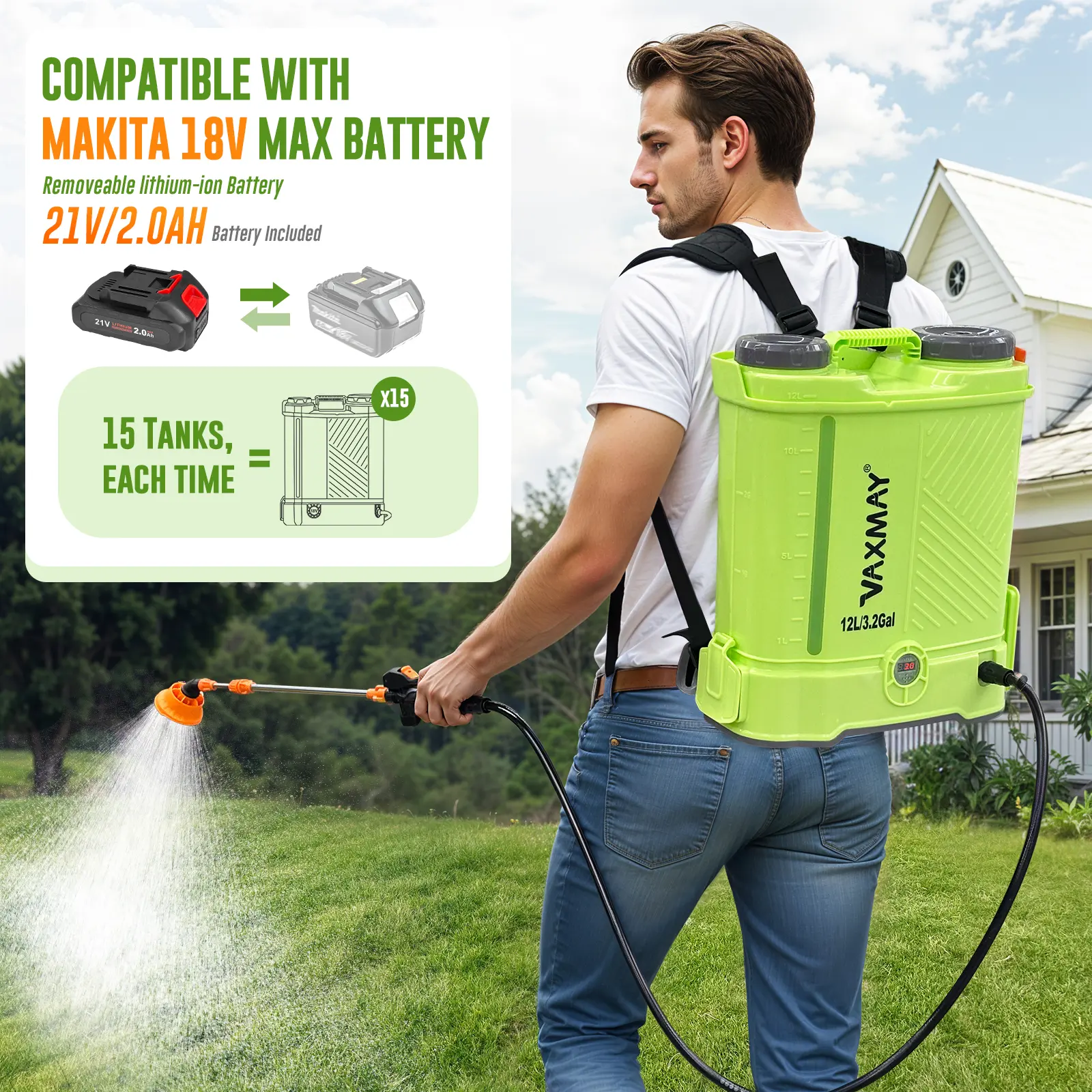 3.2 Gallon / 12L Cordless Backpack Garden Sprayer, 80 PSI (Compatible with Makita 18V, 5 Nozzles & 2.0Ah Battery)