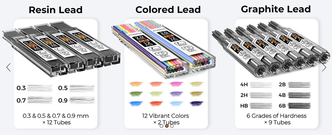 STAGEEK 6 Pack Art Mechanical Pencil Set, 3 PackMetal Drafting Pencil 0.5mm 0.7mm 0.9mm & 3 Pack 2mm Graphite Lead Holder (2B HB 2H), 492PCS Leads (6B 4B 2B HB 2H 4H Color) for Writing Drawing, Back to School Shopping, Back to School Supplies