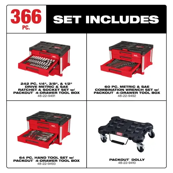 366-Pcs Master Mechanics Hand Tool Set with PACKOUT Drawers and Dolly