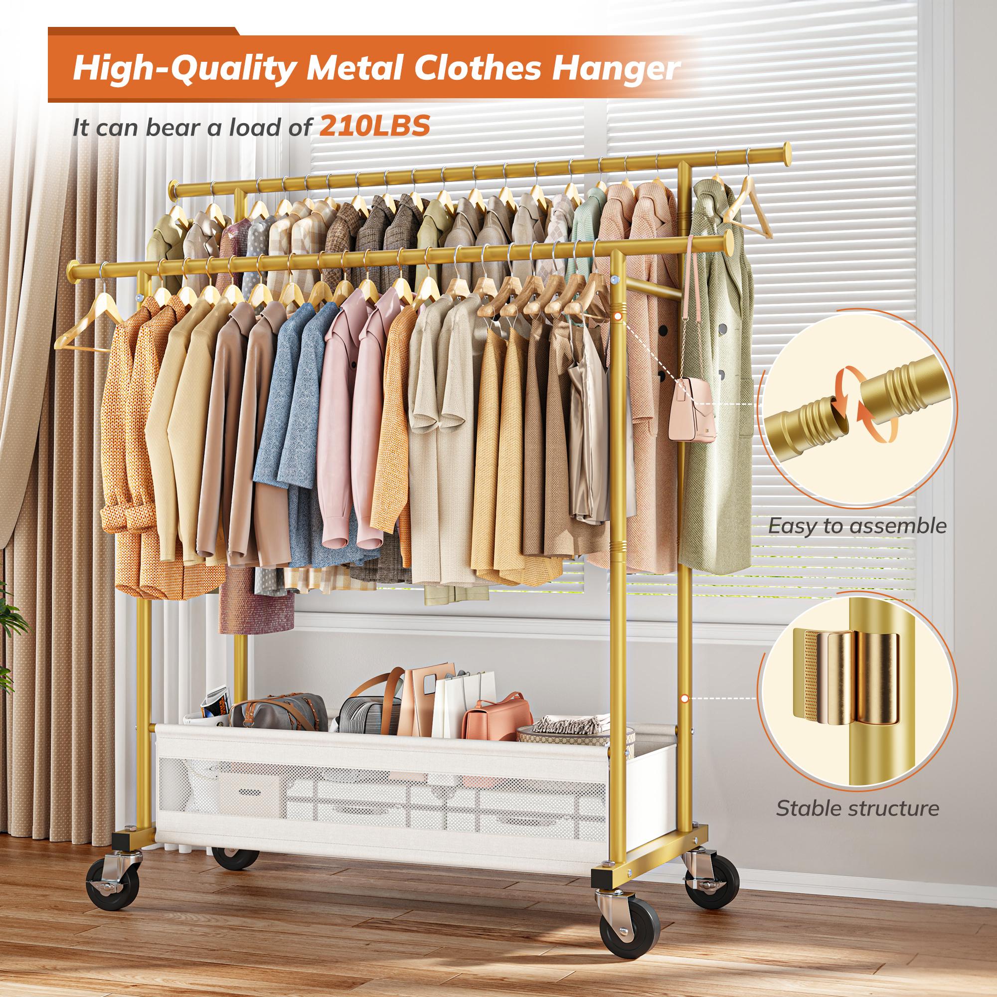 Raybee Heavy Duty Clothing Racks with Net Pocket Holds Up to 210lbs,Double Rod Metal Clothes Rack for Hanging, Rolling Garment Rack with Wheels Portable Closet Racks for Bedroom, Laundry Room,Dorm, Black, White, Gold