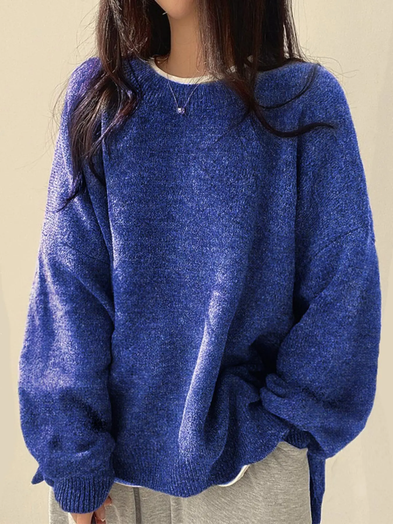 Women’s Long Sleeve Knit Sweater – Relaxed Drop Shoulder Jumper with Split Hem