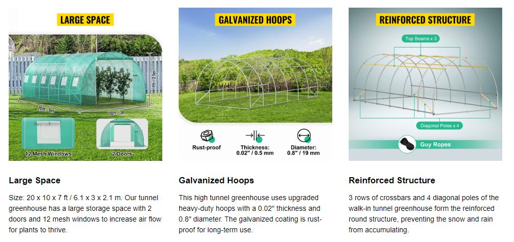 【Summerfinds】VEVOR Outdoor Metal Walk-in Tunnel Greenhouse Kit, Portable Hot House with 20x10x7 ft Max Size, Galvanized Steel Hoops, 3 Top Beams, 2 Zippered Doors, Diagonal Poles, Airflow Design for All Year Round Use