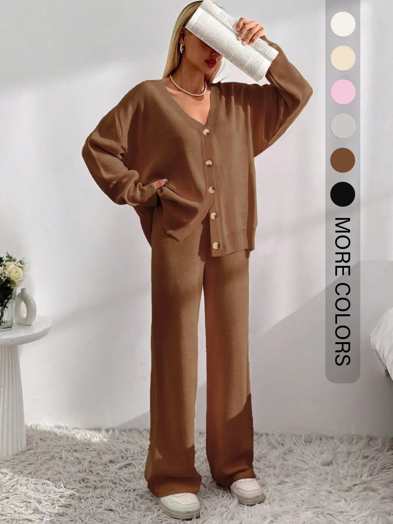 Women’s V-Neck Knit Set – Button Front Cardigan & Wide-Leg Trousers for Autumn & Winter