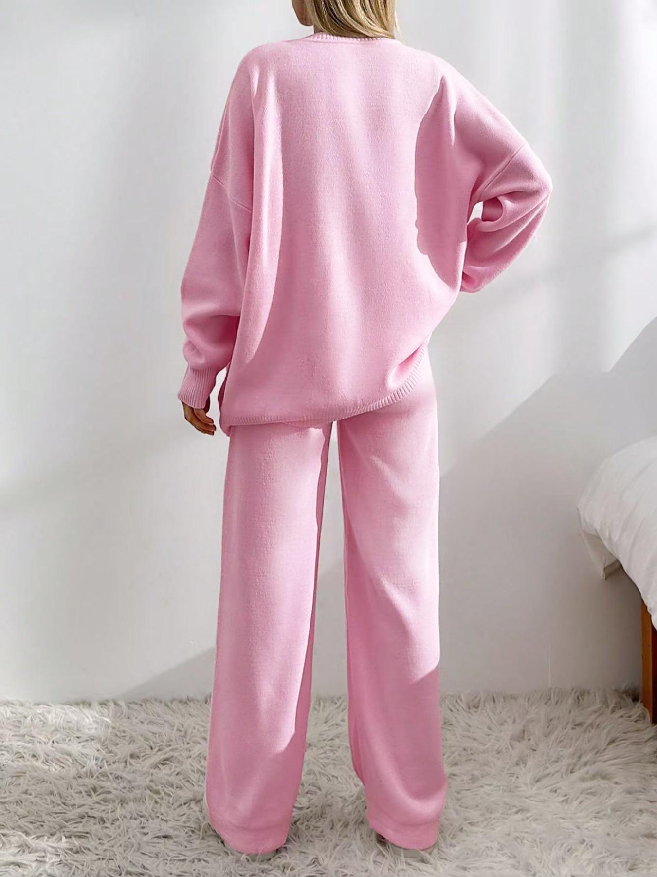Women's V-Neck Button-Front Drop-Shoulder Cardigan & Elastic-Waist Wide-Leg Pants, 2-Piece Casual Lounge Set for Fall & Winter, Cozy Solid Long-Sleeve Knitwear Loungewear