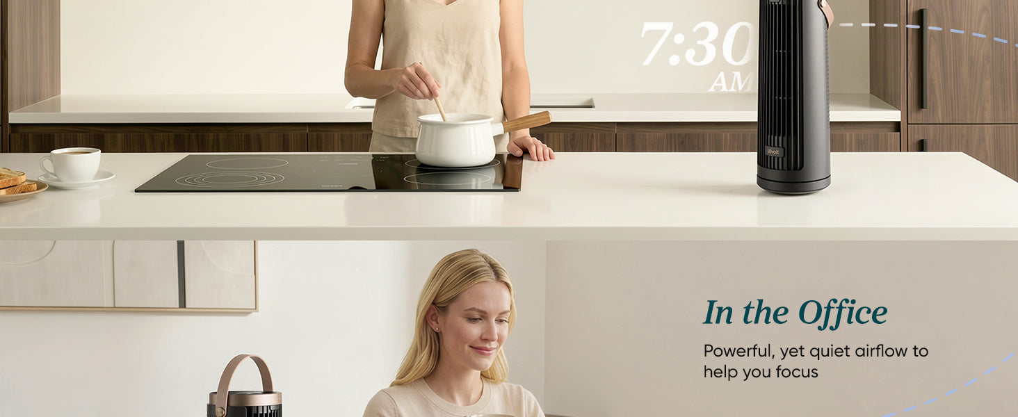 A woman stirs a pot in a modern kitchen while another woman enjoys a drink at a desk, showcasing a sleek air purifier.
