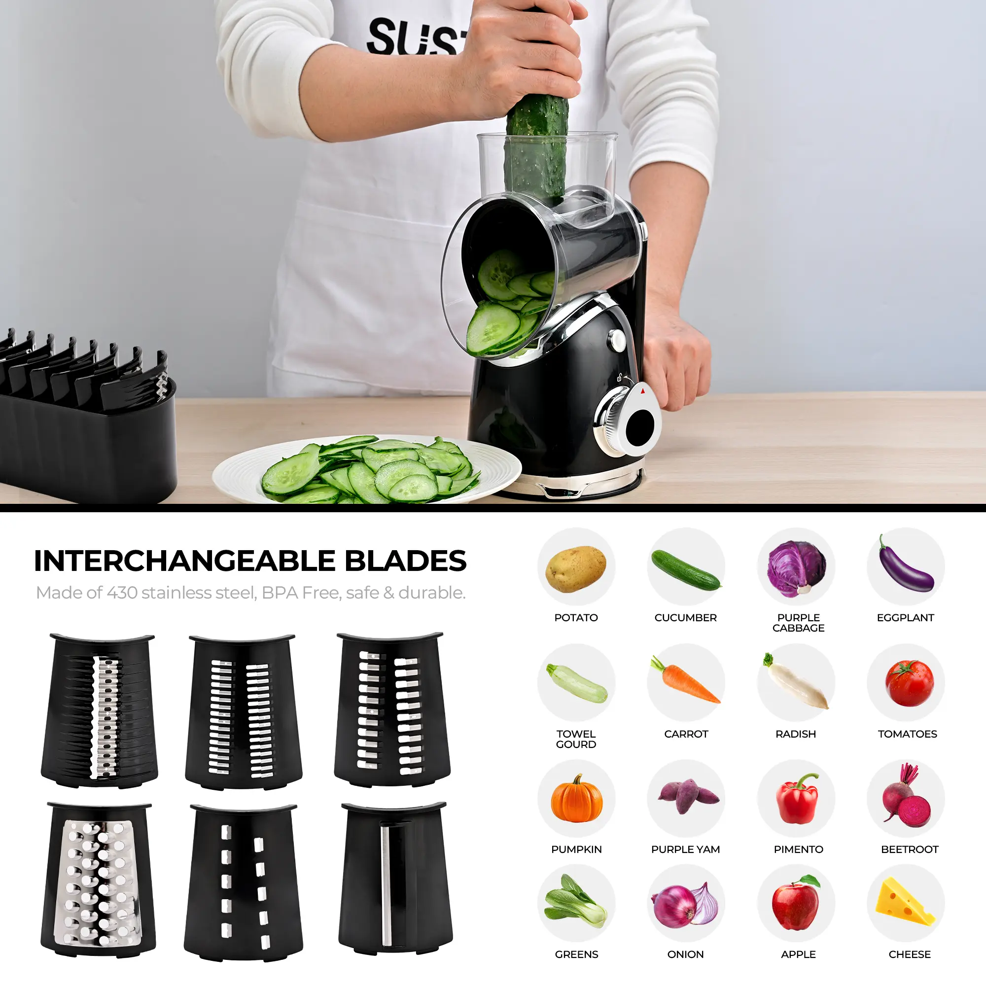 Vegetable Food Chopper with 6 Blades & Suction Base