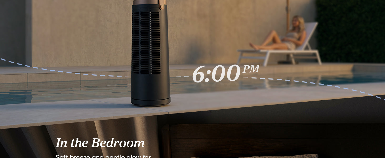 A sleek air purifier stands by a pool, with a person relaxing on a lounge chair in the background. The time displayed is 6:00 PM.