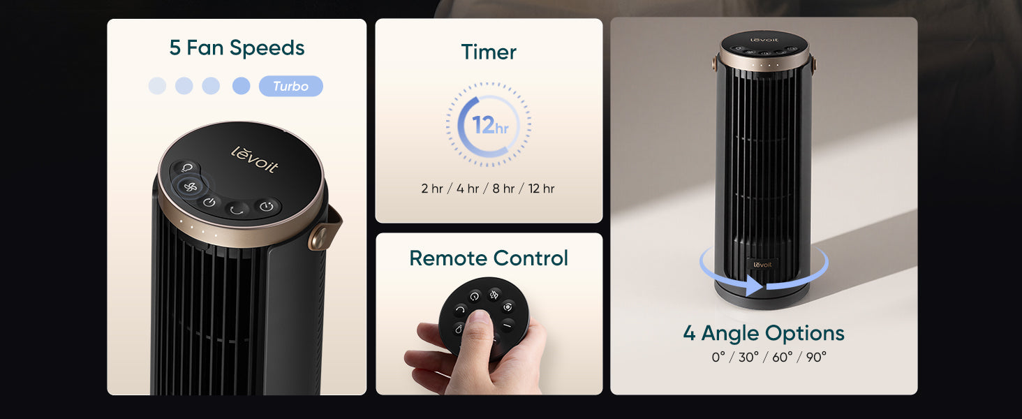 A sleek tower fan with 5 speeds, timer options, remote control, and adjustable angles for optimal airflow.
