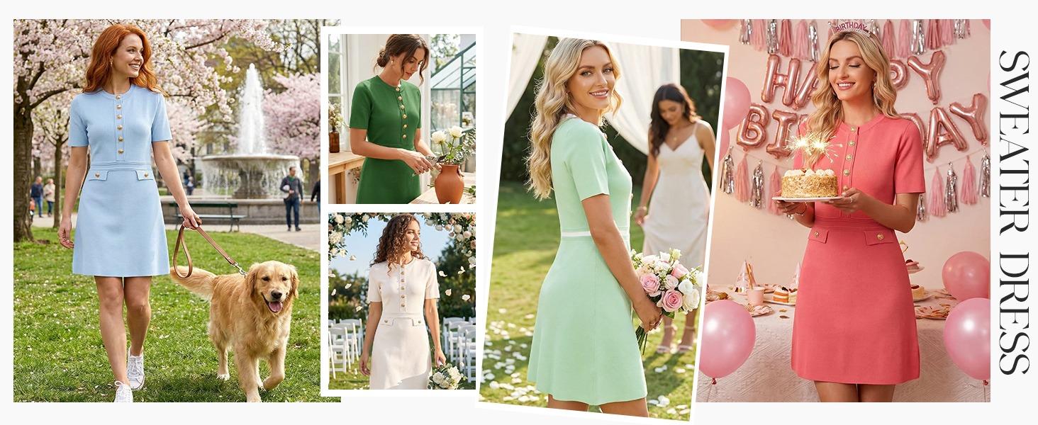 MEROKEETY Women's Summer Bodycon Sweater Dress Business Casual Outfis Short Sleeve Knit Button Formal Elegant Work Dress