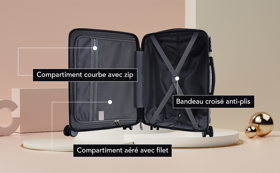 Le texte se lit comme suit : &laquo; Compartiment courbe avec zip &raquo;, &laquo; Bandeau croise anti-plis &raquo;, &laquo; Compartiment a&eacute;r&eacute; avec filet &raquo;. Cubes de rangement de voyage noirs avec caract&eacute;ristiques et compartiments &eacute;tiquet&eacute;s.
