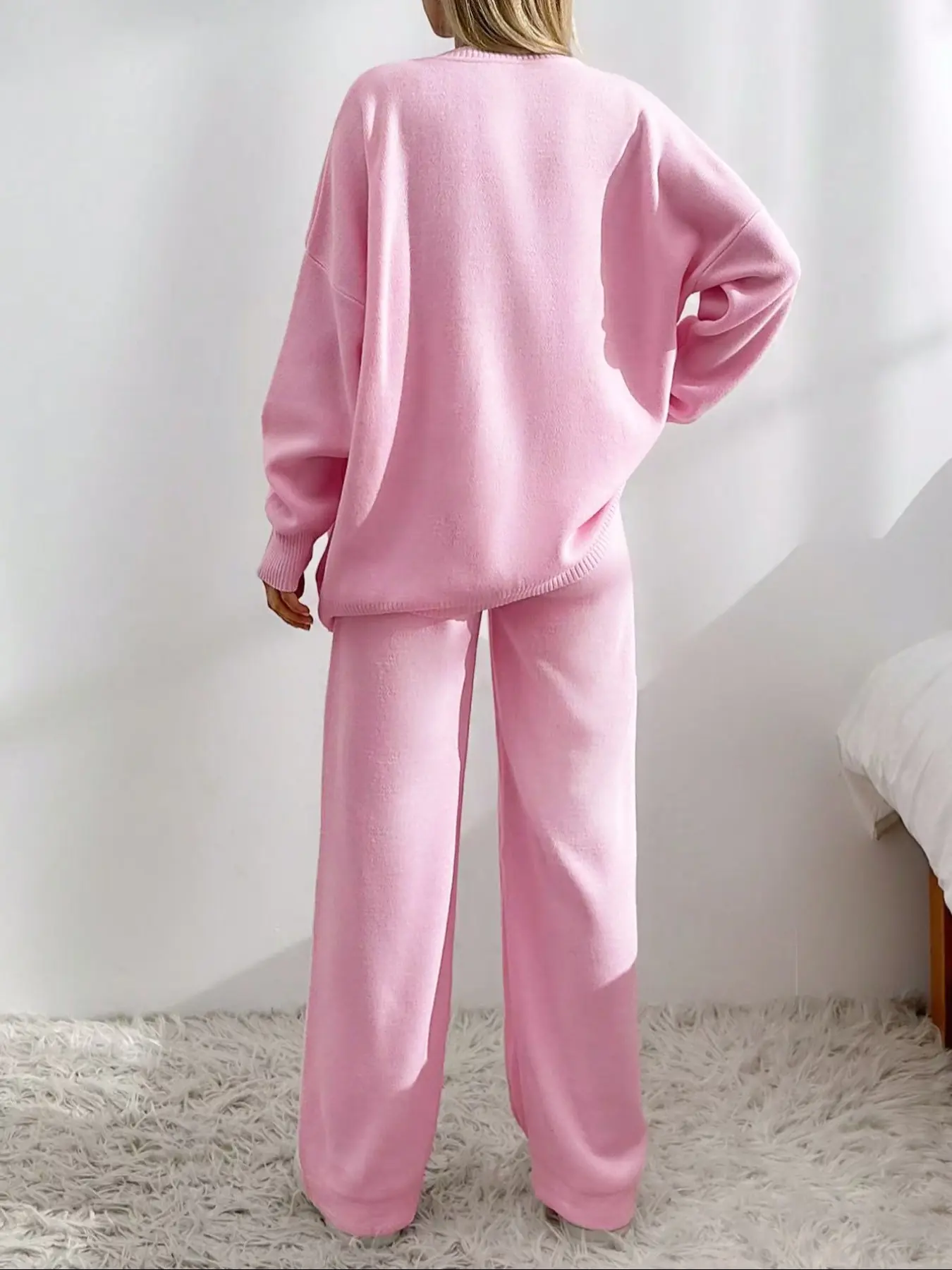 Women’s V-Neck Knit Set – Button Front Cardigan & Wide-Leg Trousers for Autumn & Winter