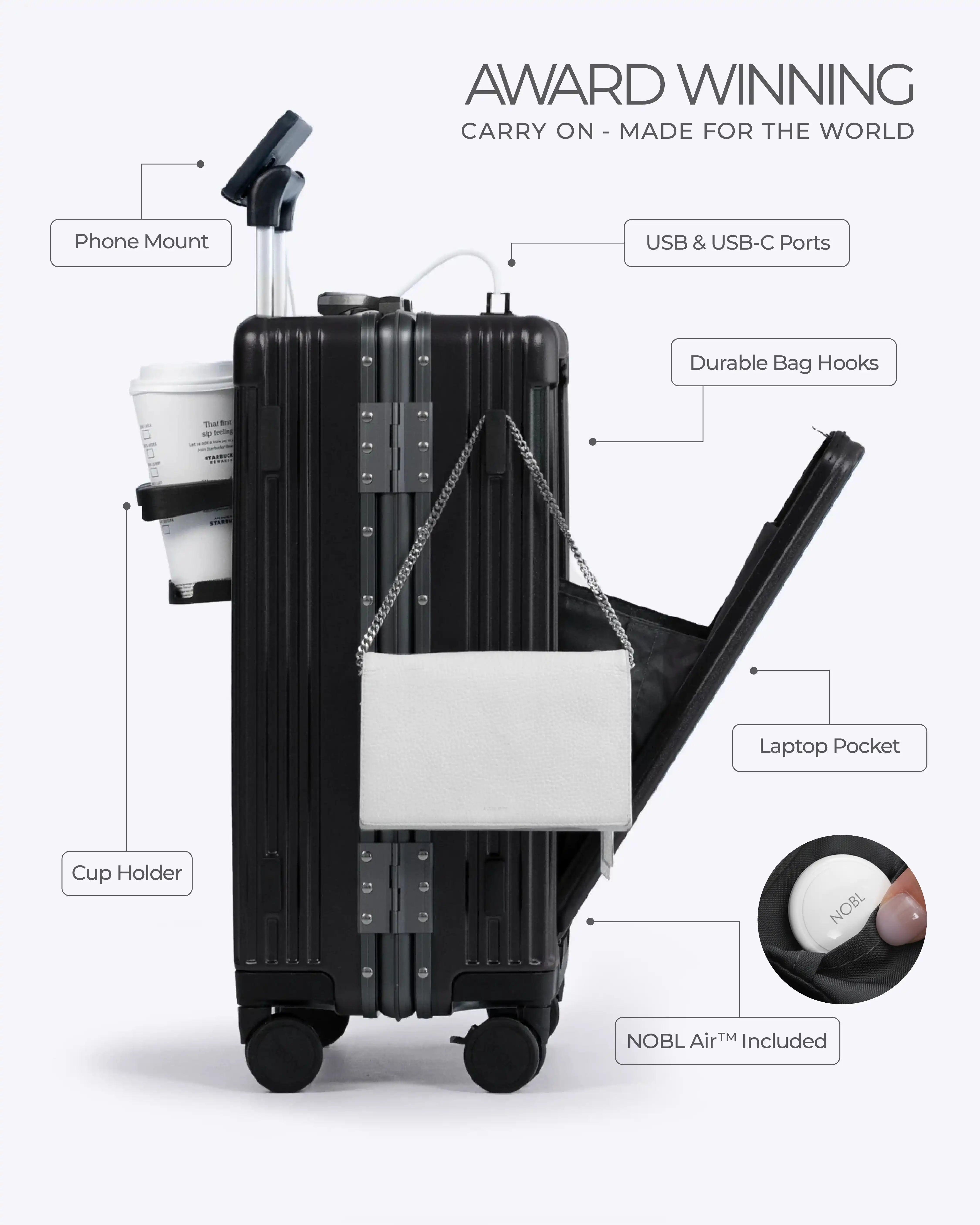 All-in-One Smart Carry-On Suitcase with GPS Tracking, Front Laptop Pocket, USB Charger & Cup Holder