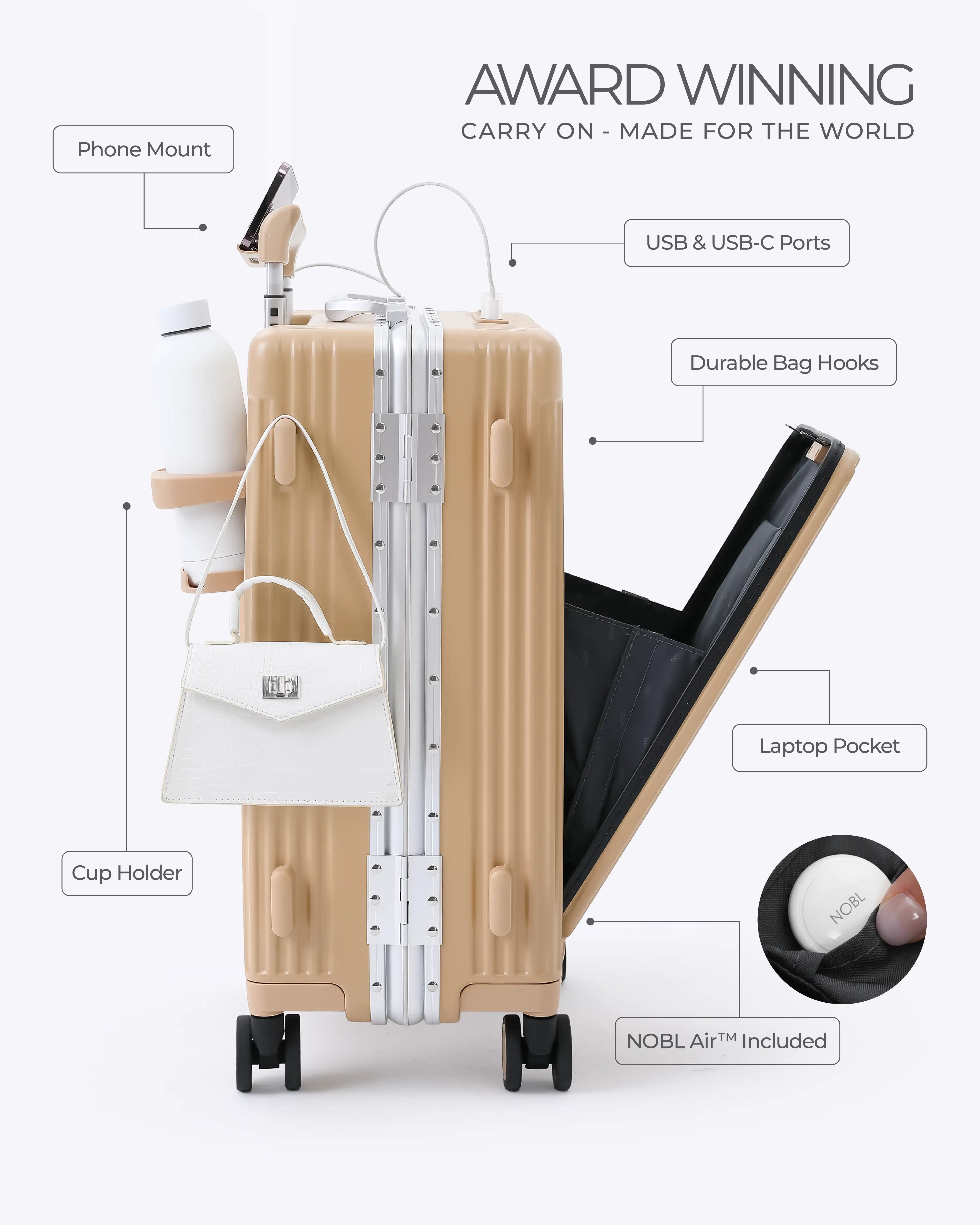 All-in-One Smart Carry-On Suitcase with GPS Tracking, Front Laptop Pocket, USB Charger & Cup Holder