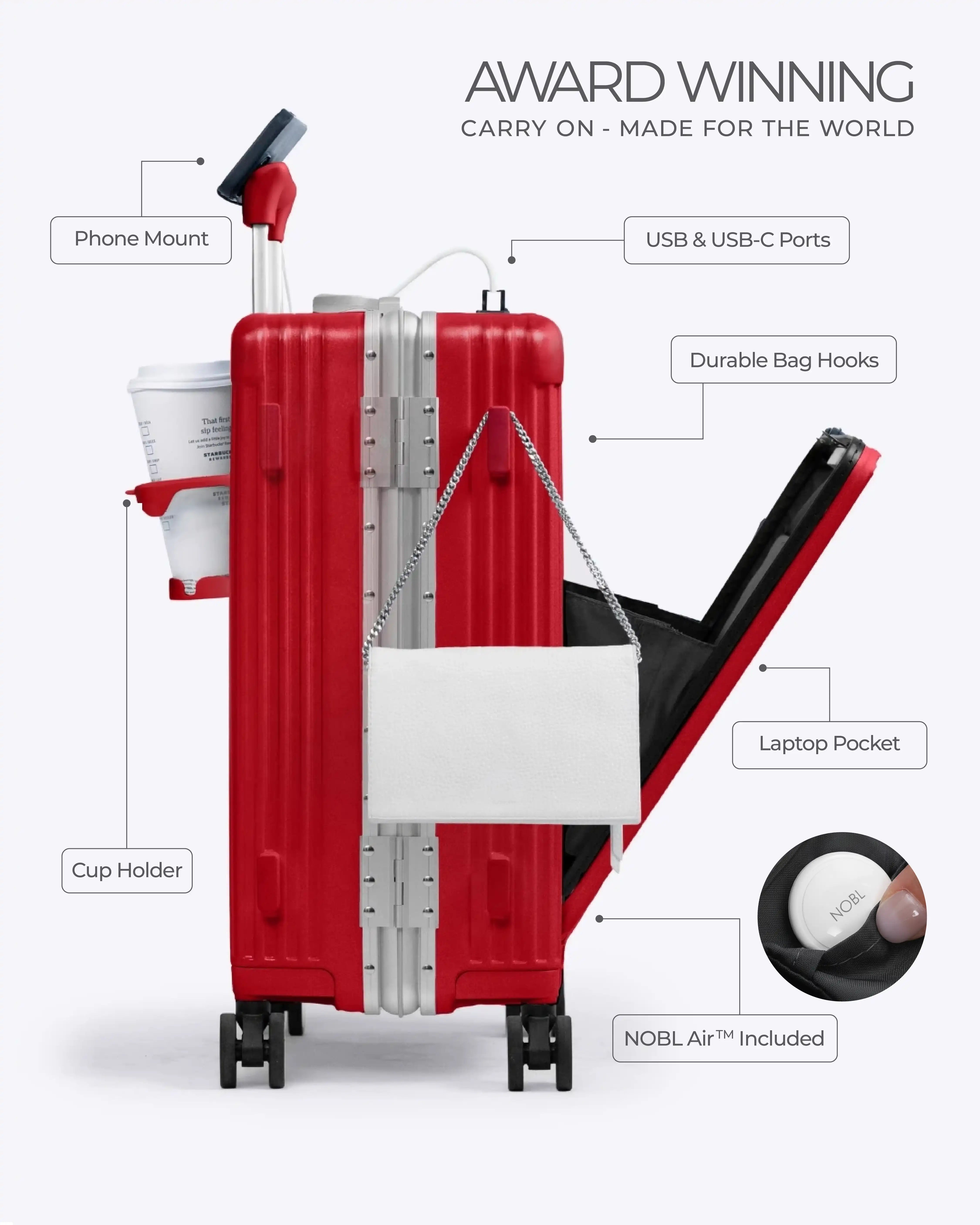 All-in-One Smart Carry-On Suitcase with GPS Tracking, Front Laptop Pocket, USB Charger & Cup Holder