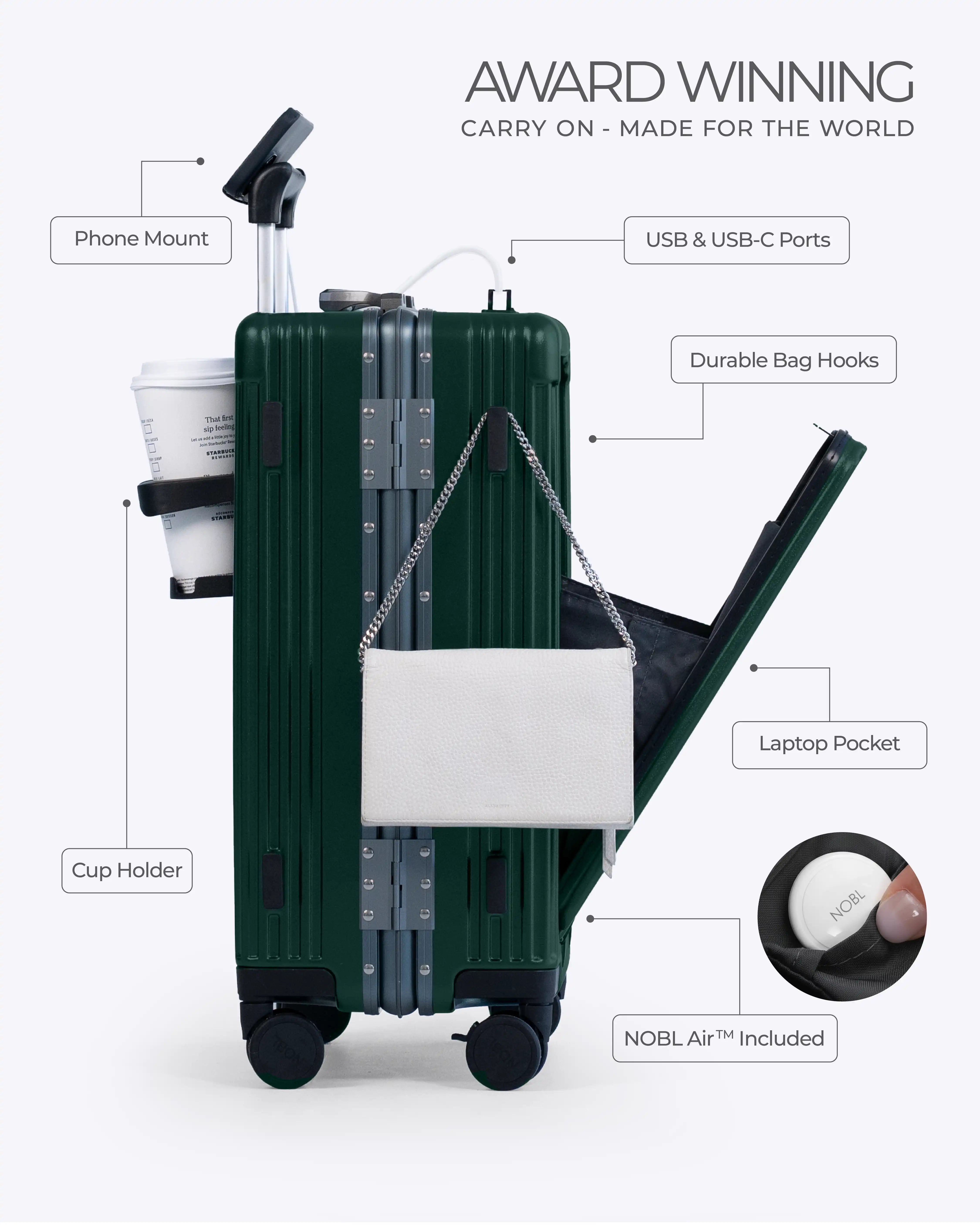 All-in-One Smart Carry-On Suitcase with GPS Tracking, Front Laptop Pocket, USB Charger & Cup Holder