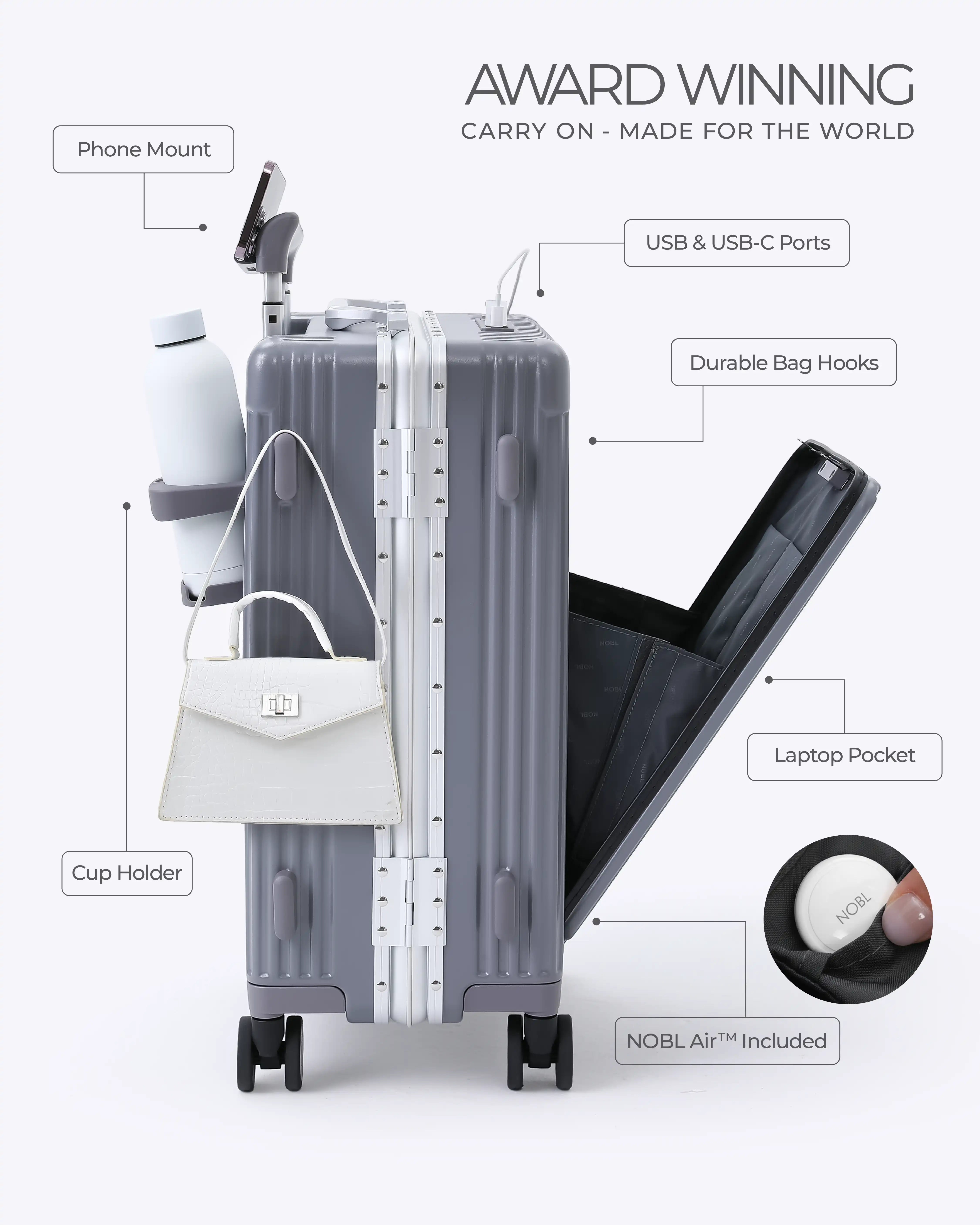 All-in-One Smart Carry-On Suitcase with GPS Tracking, Front Laptop Pocket, USB Charger & Cup Holder