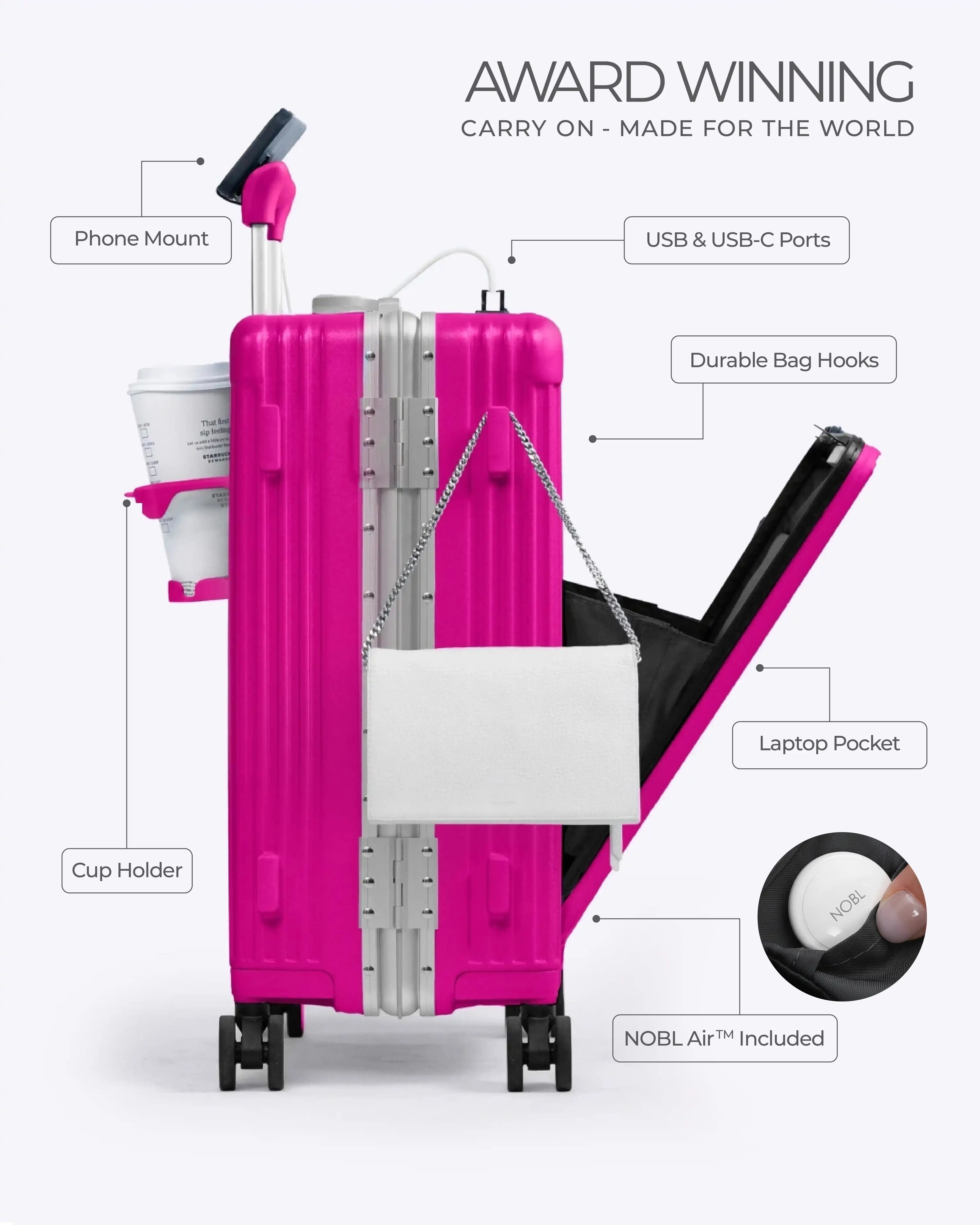All-in-One Smart Carry-On Suitcase with GPS Tracking, Front Laptop Pocket, USB Charger & Cup Holder