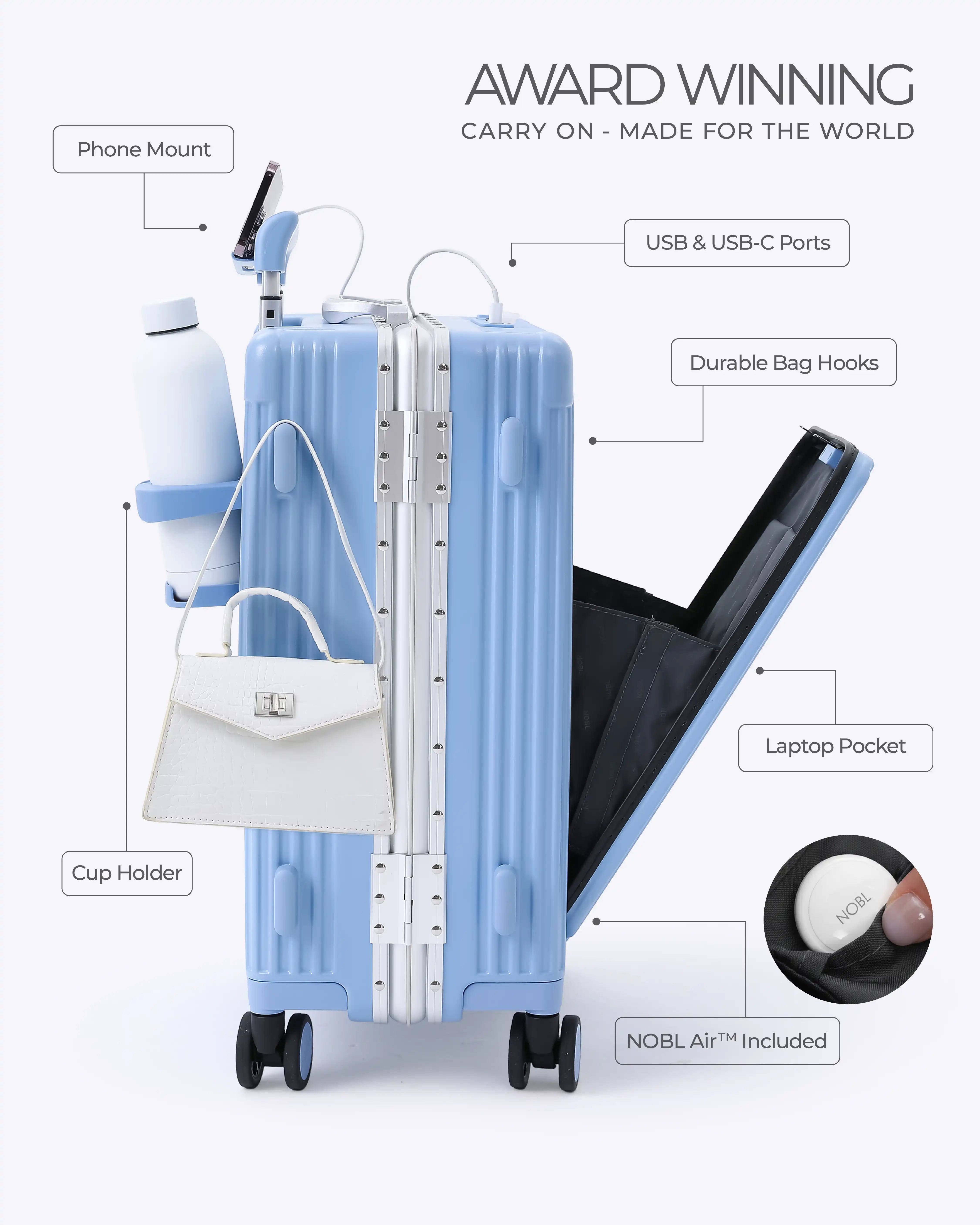 All-in-One Smart Carry-On Suitcase with GPS Tracking, Front Laptop Pocket, USB Charger & Cup Holder