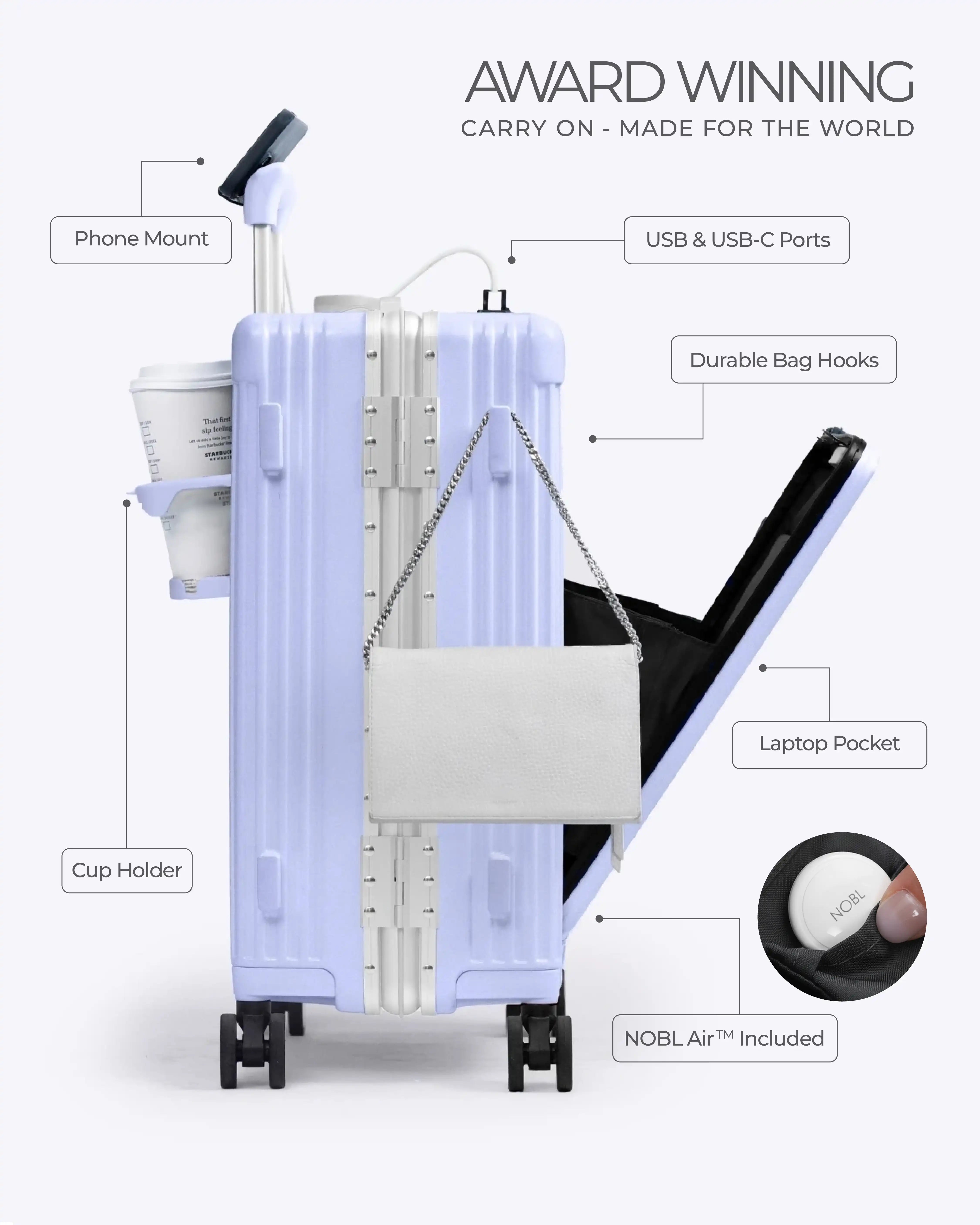 All-in-One Smart Carry-On Suitcase with GPS Tracking, Front Laptop Pocket, USB Charger & Cup Holder