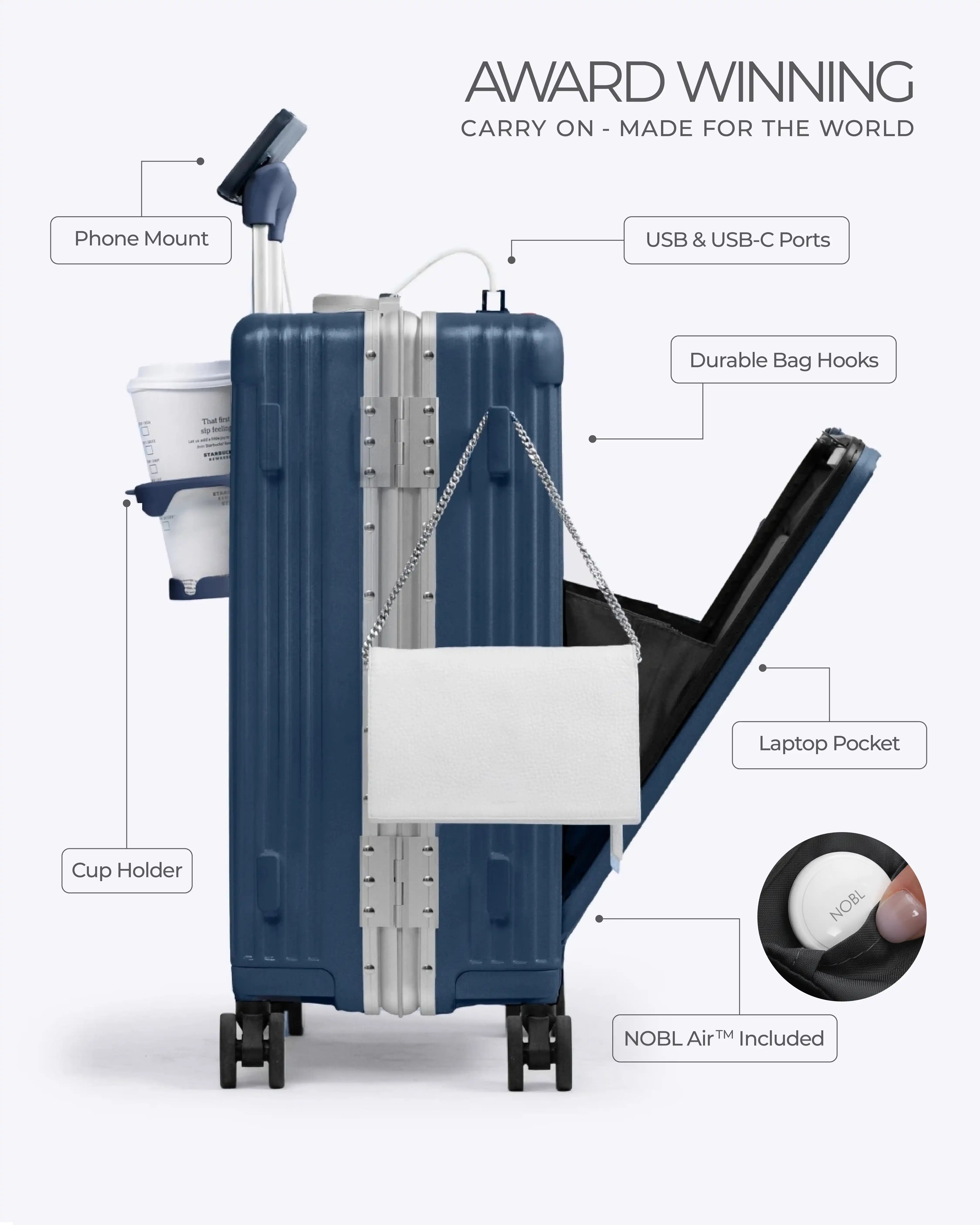 All-in-One Smart Carry-On Suitcase with GPS Tracking, Front Laptop Pocket, USB Charger & Cup Holder