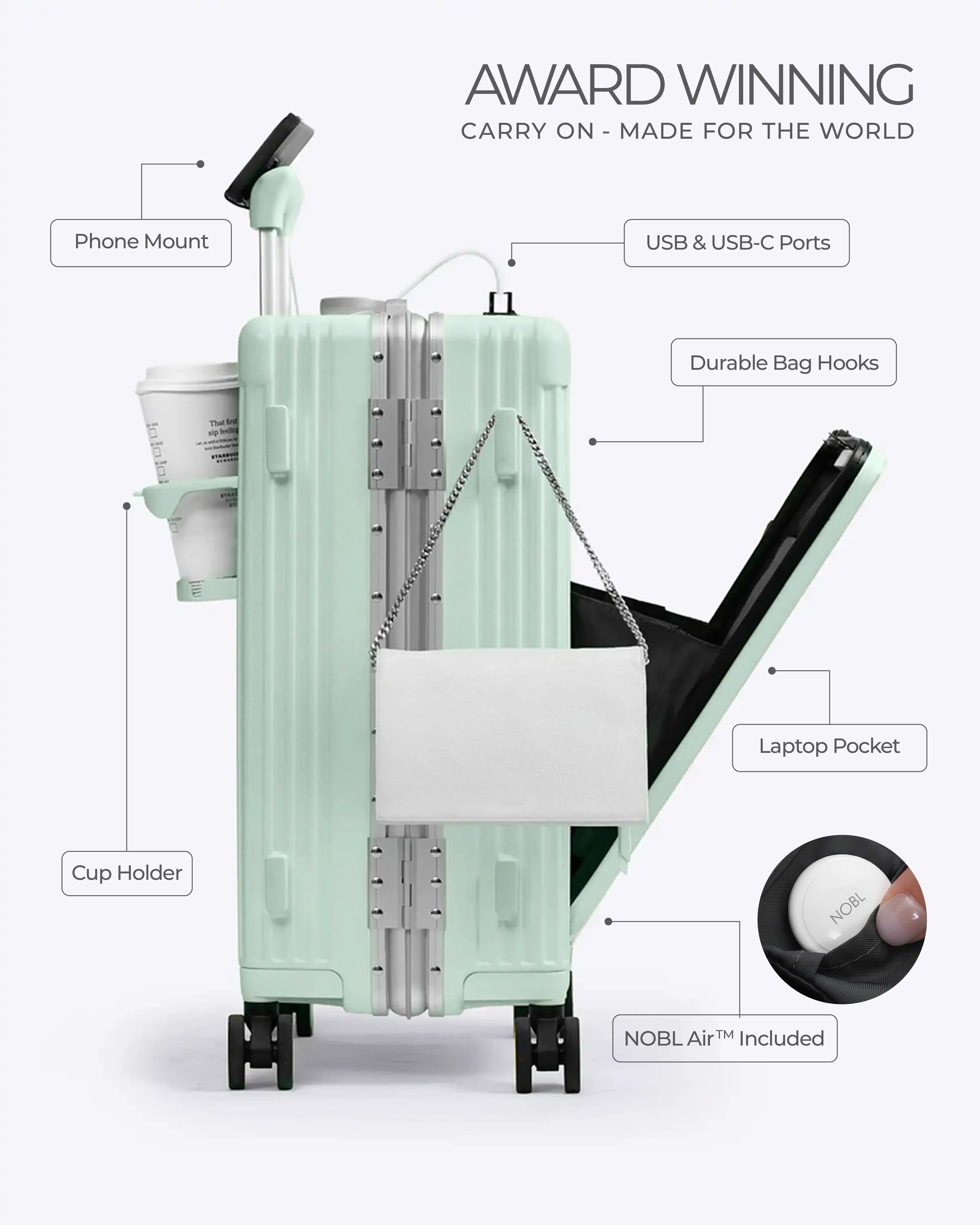 All-in-One Smart Carry-On Suitcase with GPS Tracking, Front Laptop Pocket, USB Charger & Cup Holder