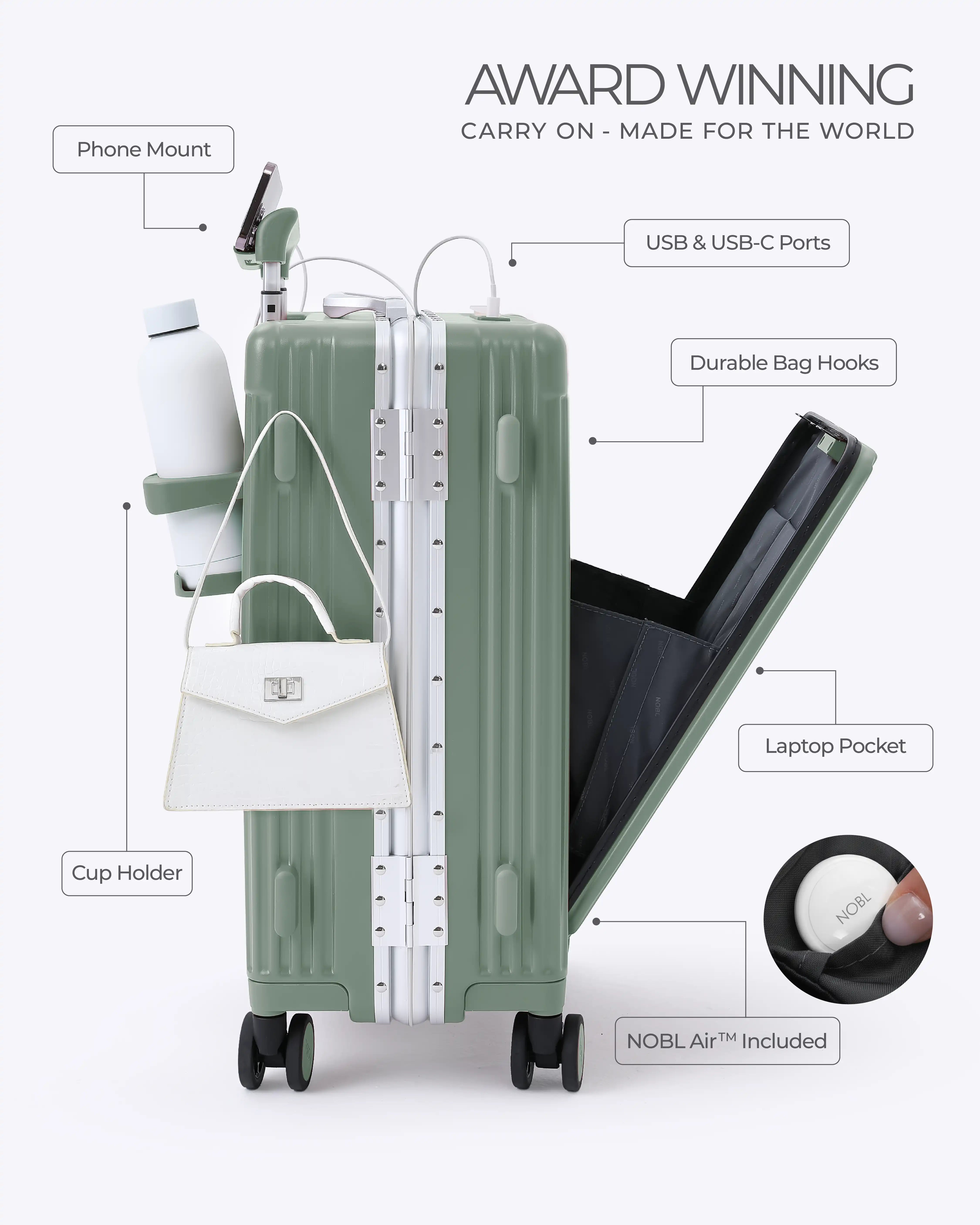 All-in-One Smart Carry-On Suitcase with GPS Tracking, Front Laptop Pocket, USB Charger & Cup Holder