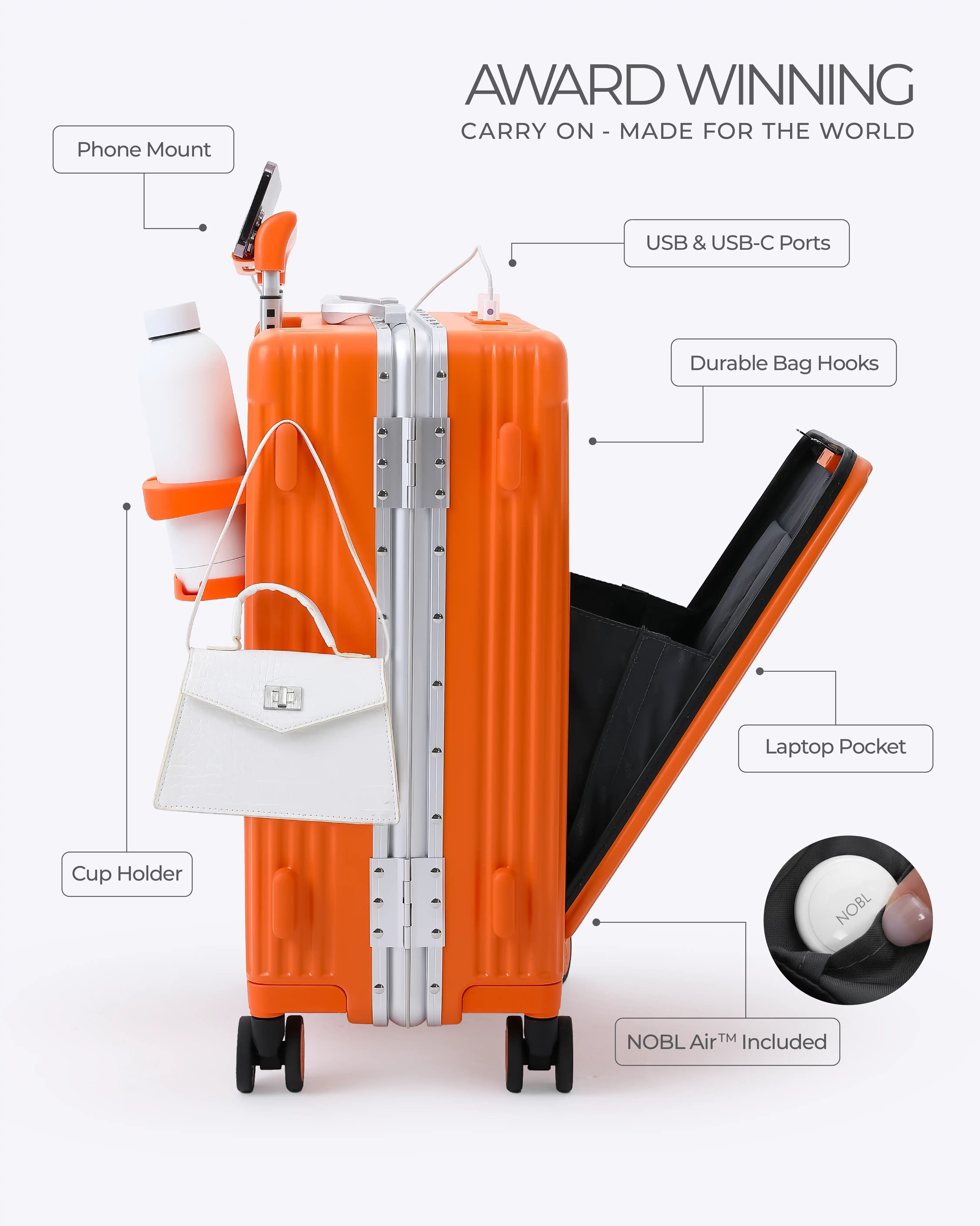 All-in-One Smart Carry-On Suitcase with GPS Tracking, Front Laptop Pocket, USB Charger & Cup Holder