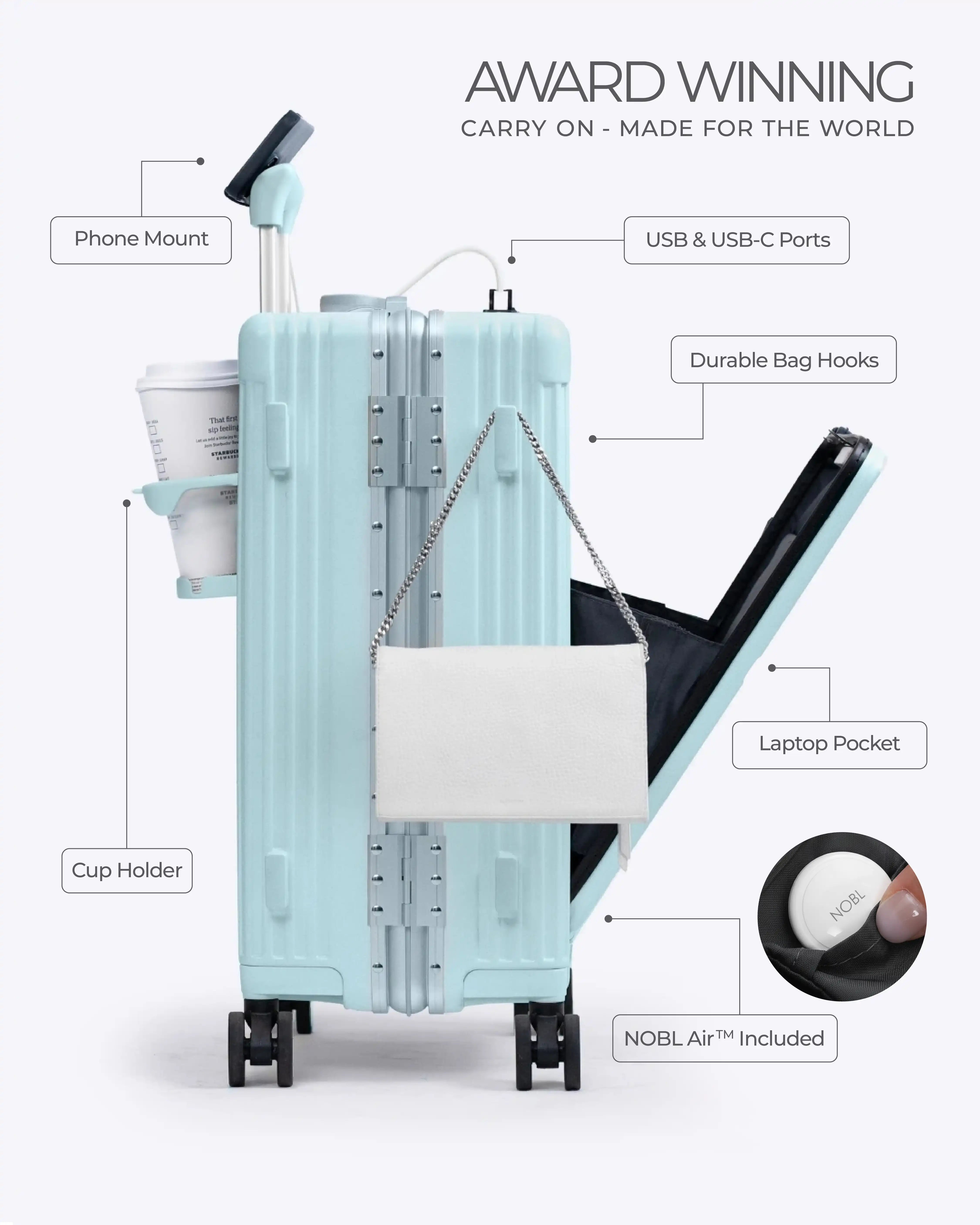 All-in-One Smart Carry-On Suitcase with GPS Tracking, Front Laptop Pocket, USB Charger & Cup Holder