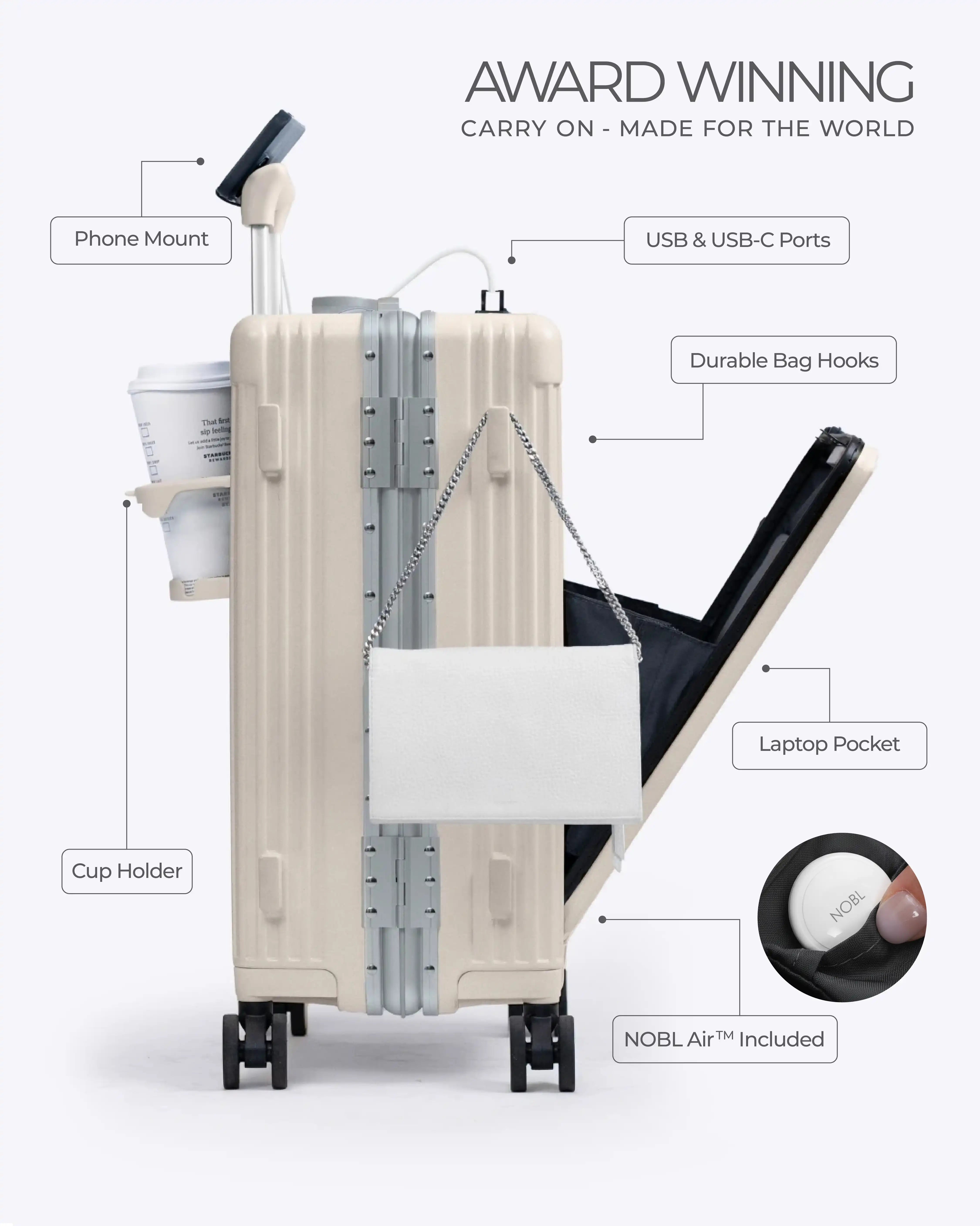 All-in-One Smart Carry-On Suitcase with GPS Tracking, Front Laptop Pocket, USB Charger & Cup Holder