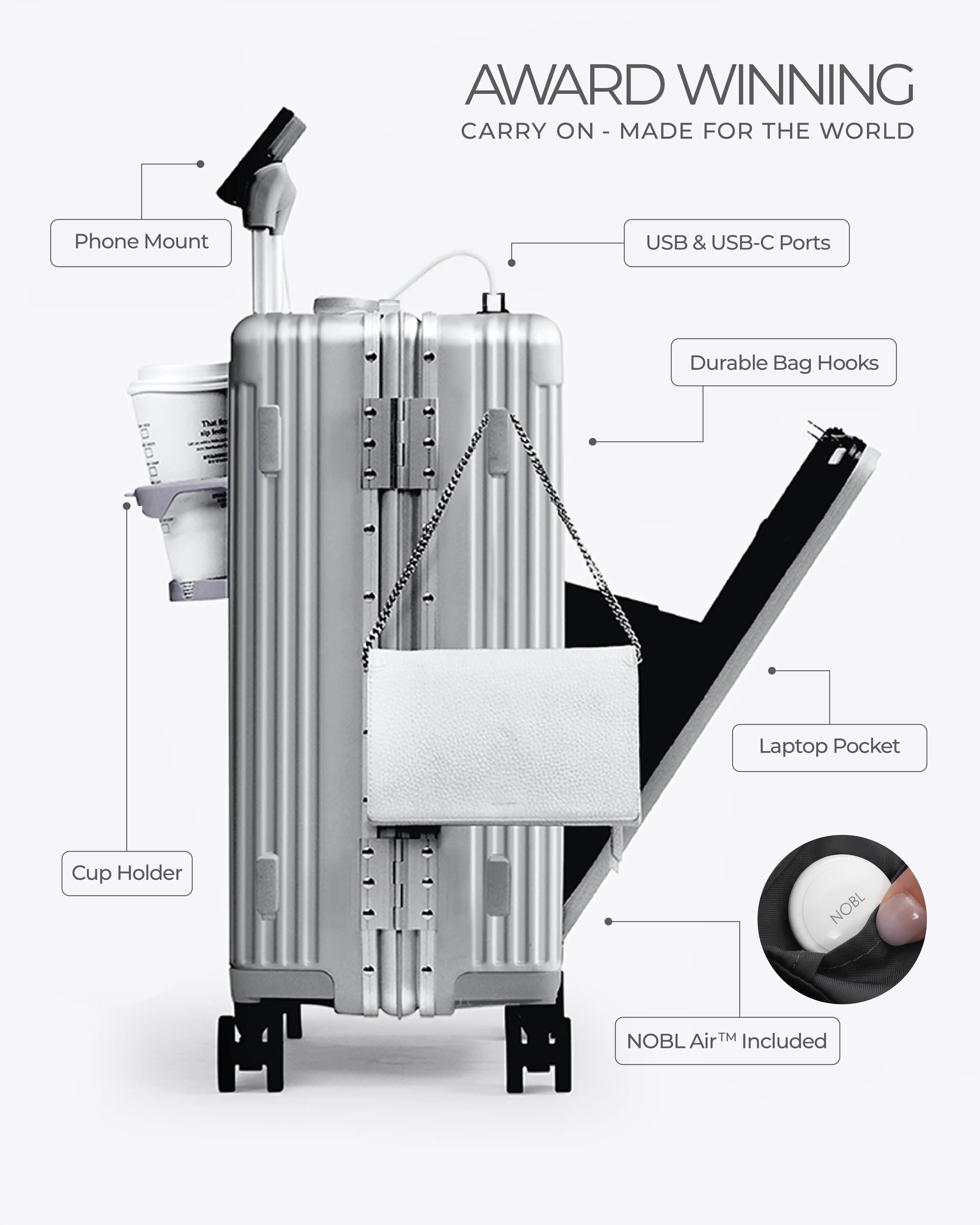 All-in-One Smart Carry-On Suitcase with GPS Tracking, Front Laptop Pocket, USB Charger & Cup Holder
