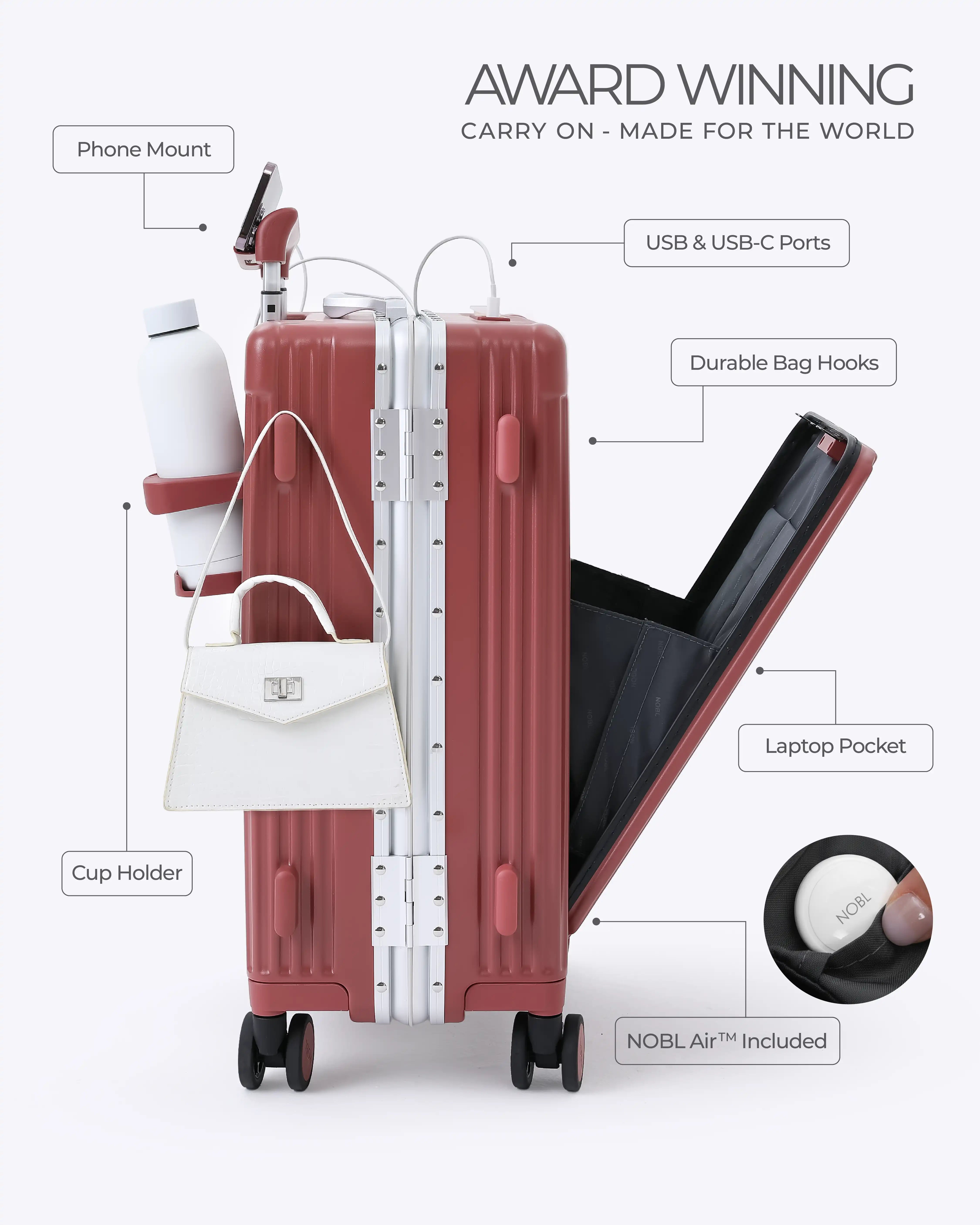 All-in-One Smart Carry-On Suitcase with GPS Tracking, Front Laptop Pocket, USB Charger & Cup Holder