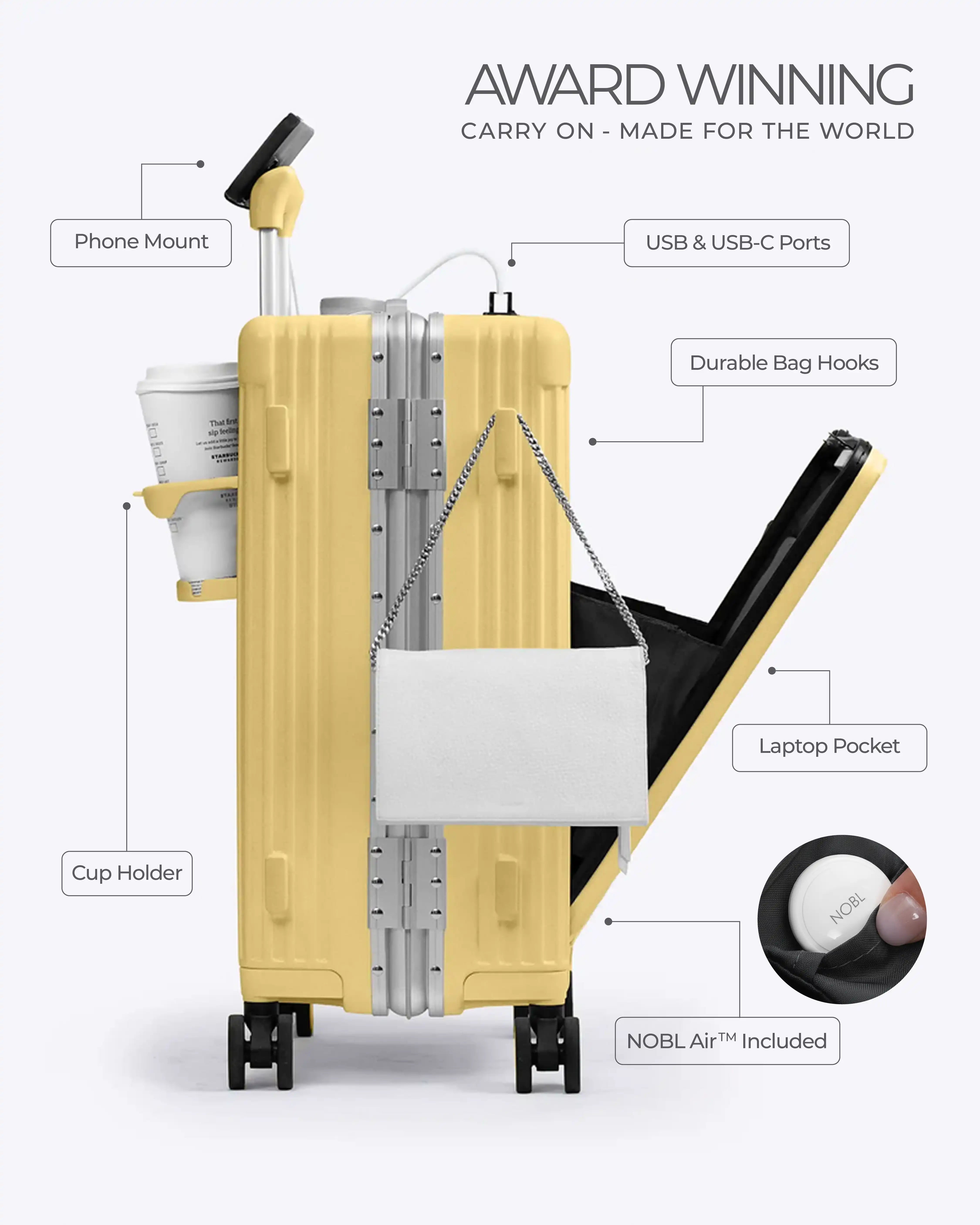 All-in-One Smart Carry-On Suitcase with GPS Tracking, Front Laptop Pocket, USB Charger & Cup Holder