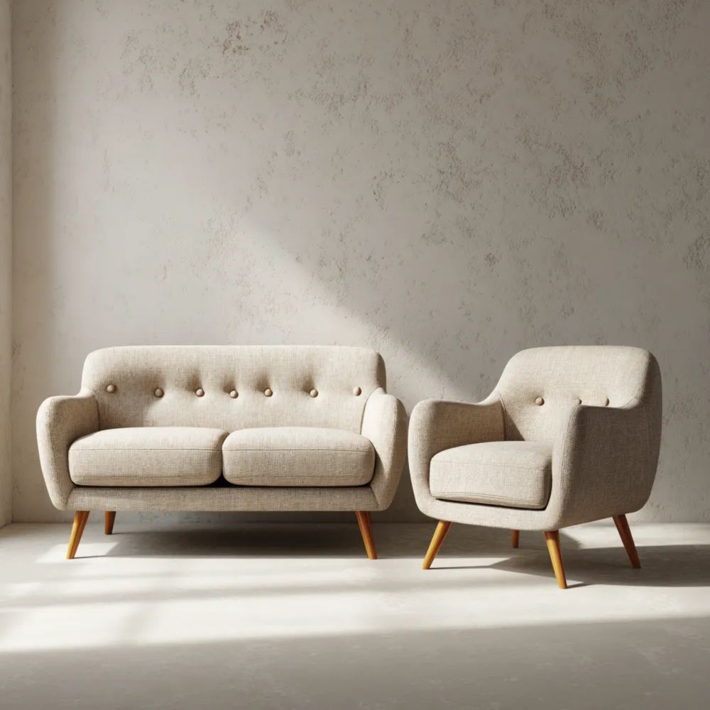 Sofa-Set Stoffpolster 150x75x85 cm & 80x75x85 cm – Beige – Mid-Century Design