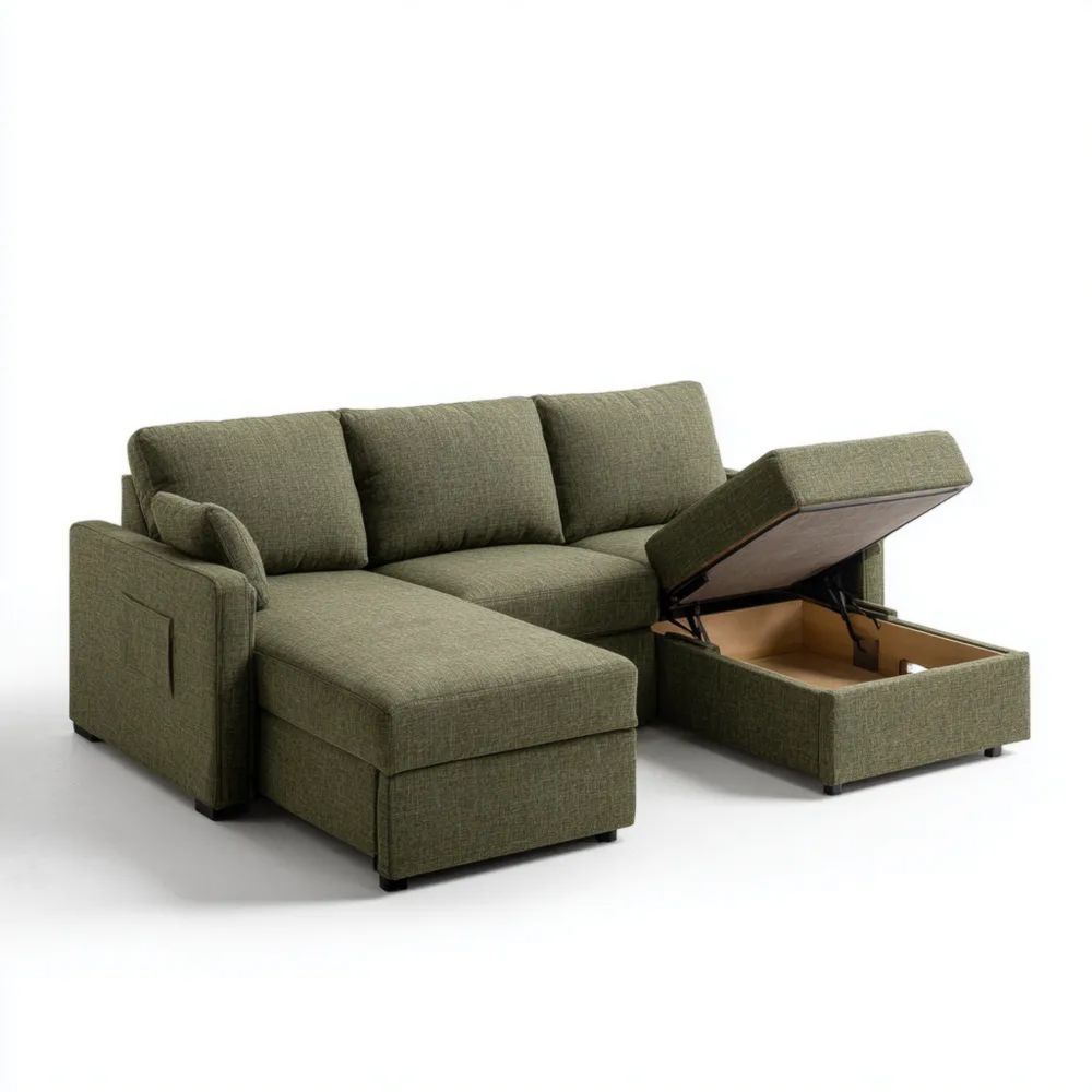 Ecksofa Stoff 220x150x90 cm - Olivgrün - Moderner Stauraum