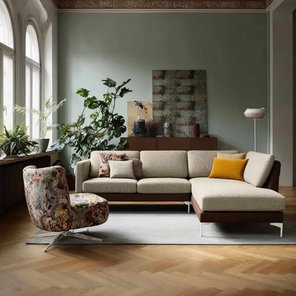 Ecksofa Set Stoffbezug 270x200x85 cm – Beige/Kaffee – Modernes Design mit Drehstuhl