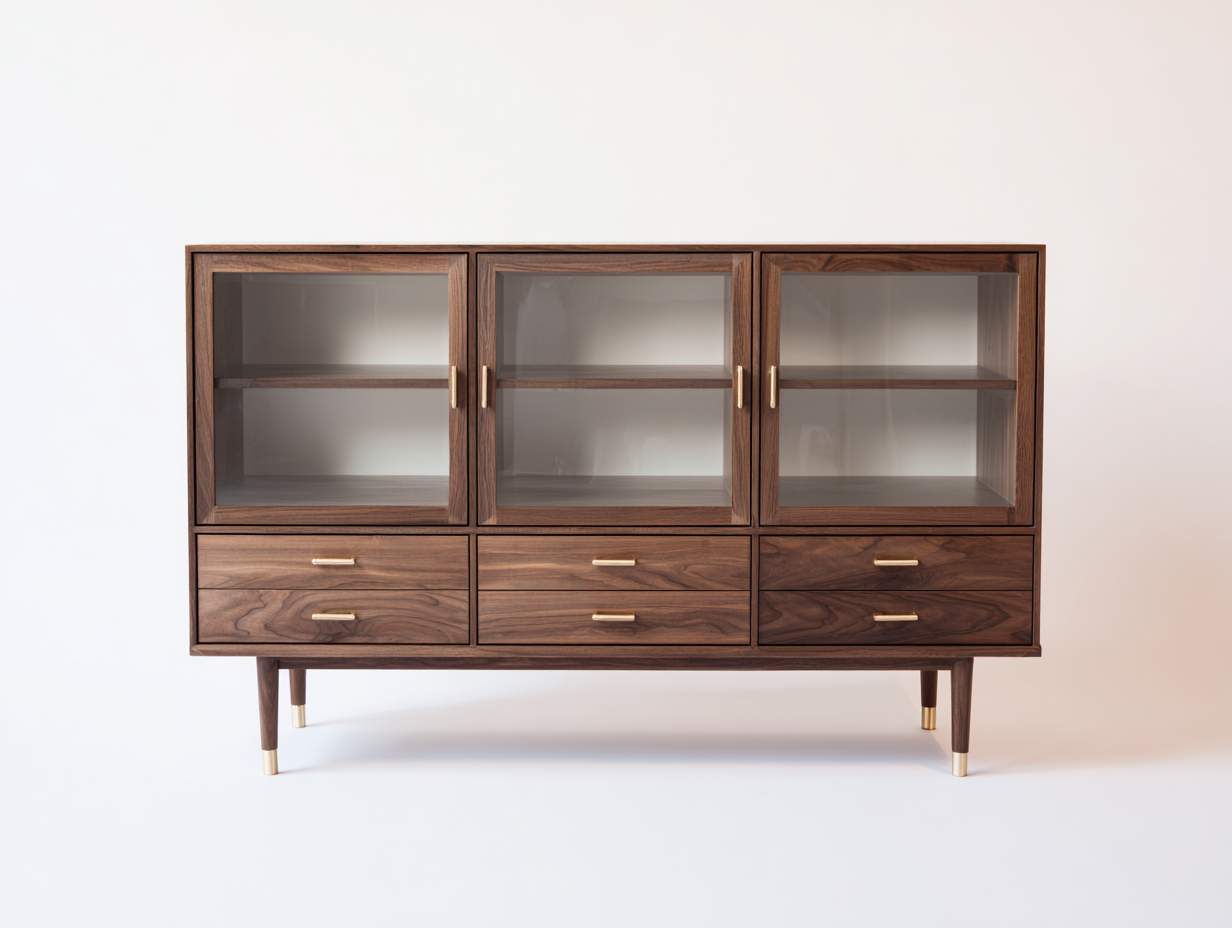 Vitrine basse en bois avec portes vitrées 180x45x90 cm - noyer - exposition et rangement pour séjour