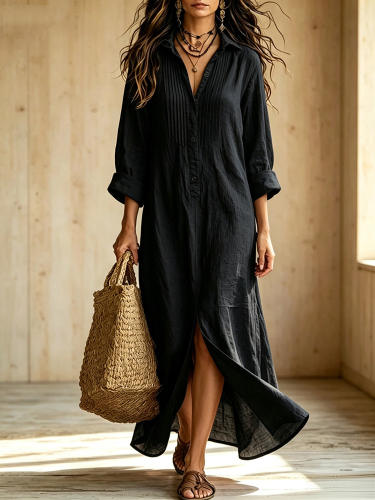 Effortless Chic: Women's Pure Cotton Pintuck Shirt Maxi Dress