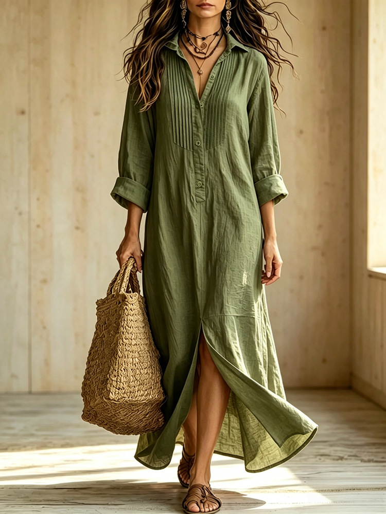 Effortless Chic: Women's Pure Cotton Pintuck Shirt Maxi Dress