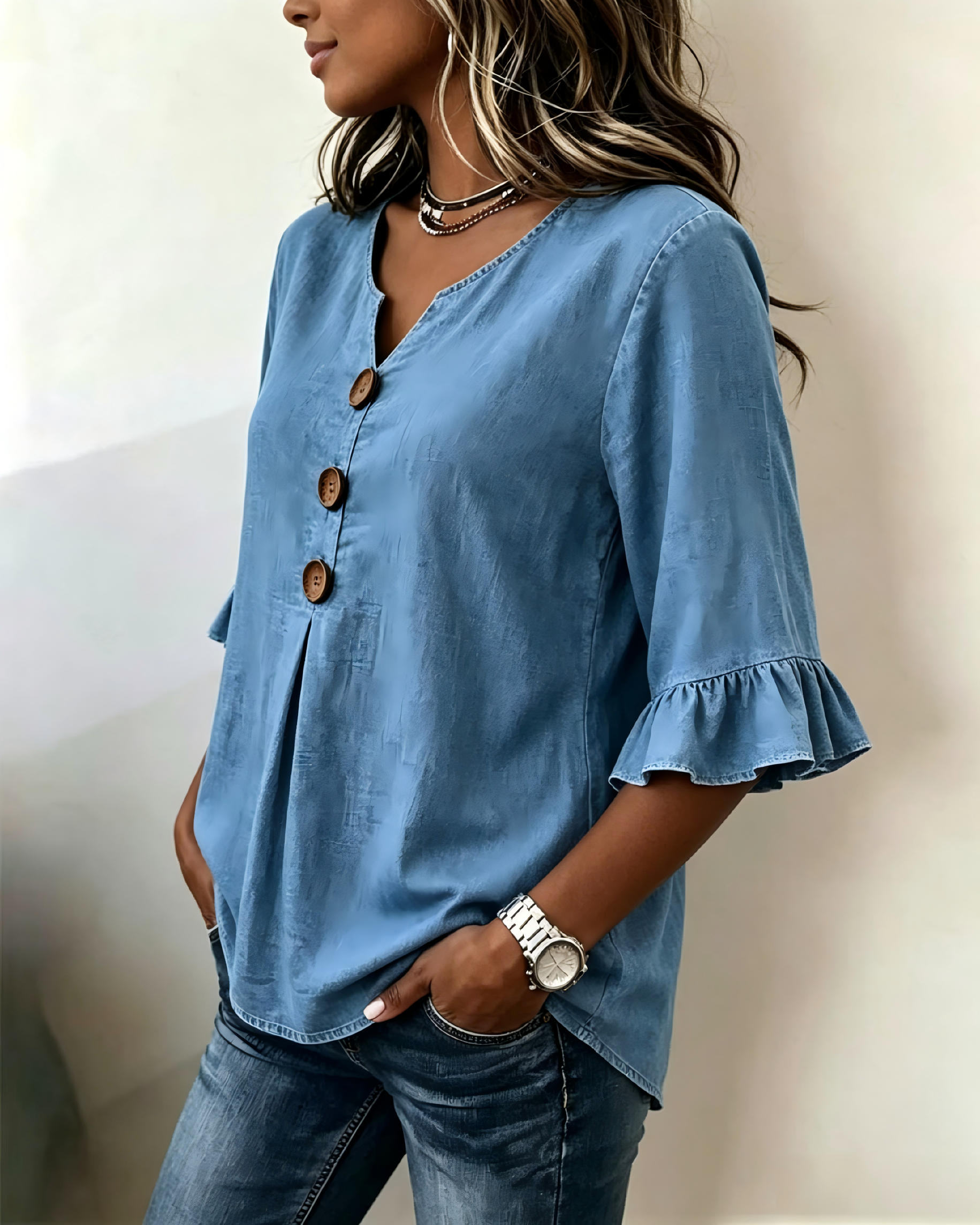 Women's Casual V-Neck Denim Blouse – Ruffle 3/4 Sleeve Chambray Tunics with Decorative Buttons