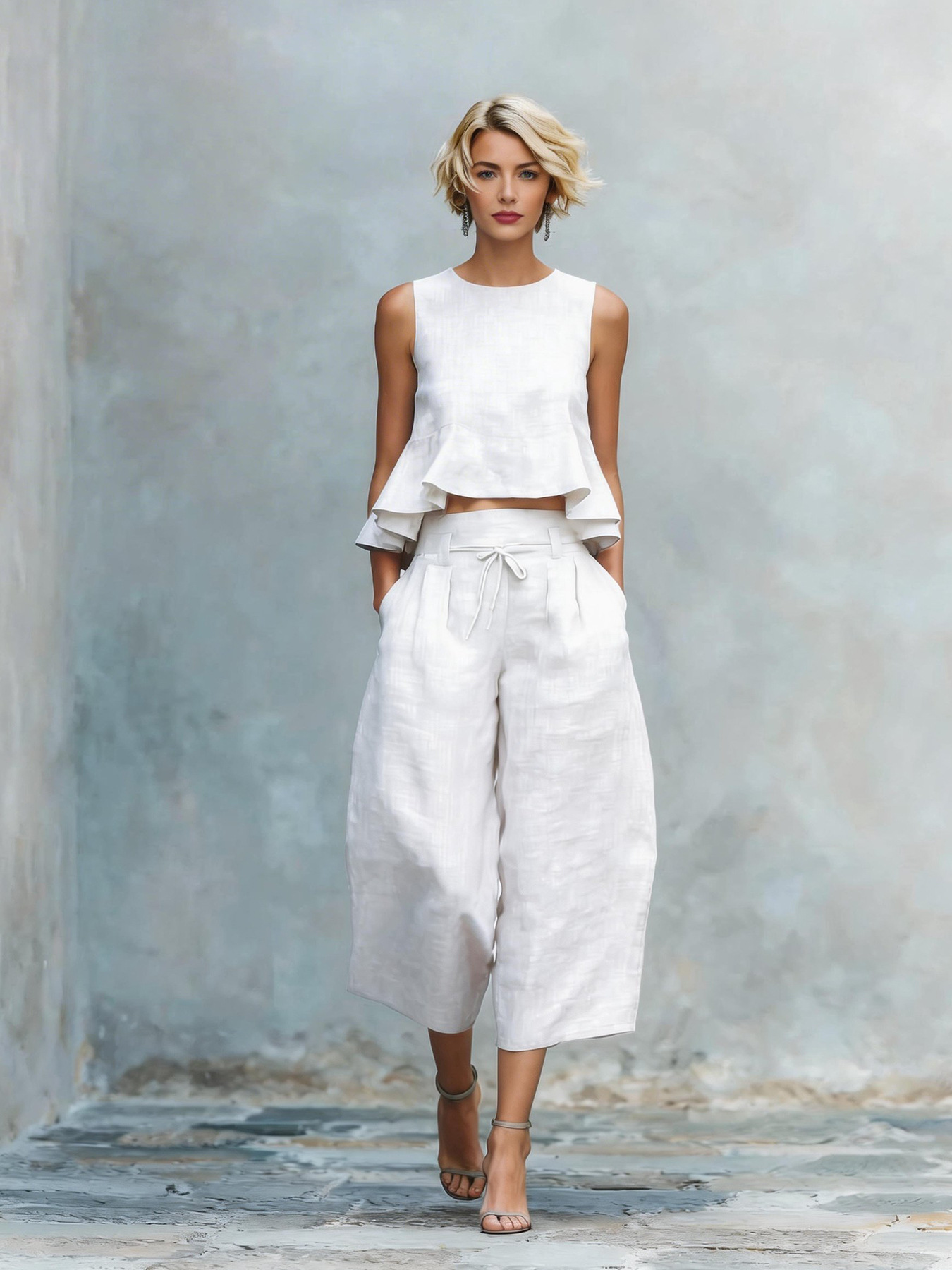 2026 Spot New European And American Cross-Border Summer Independent Station Women'S Linen Blended Two-Piece Set, Including Ruffles