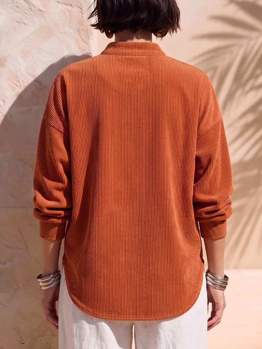 New Arrival🔥 Women's Solid Color Stand Collar Long-sleeved Casual Loose Corduroy Top