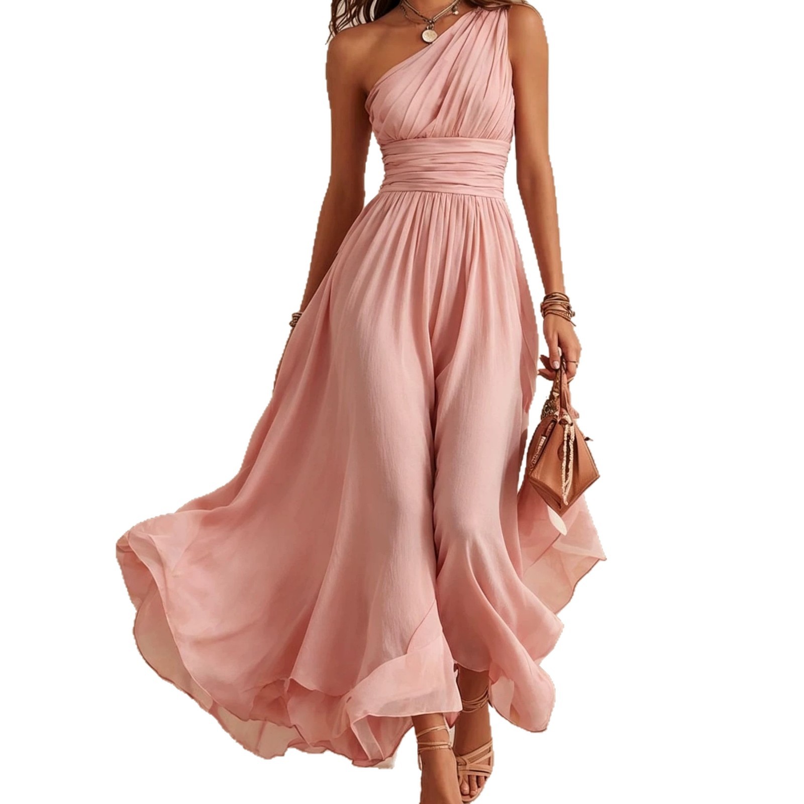 Elegant One-Shoulder Chiffon Maxi Dress – High-Waist Slim Fit Double-Layered Evening Dress