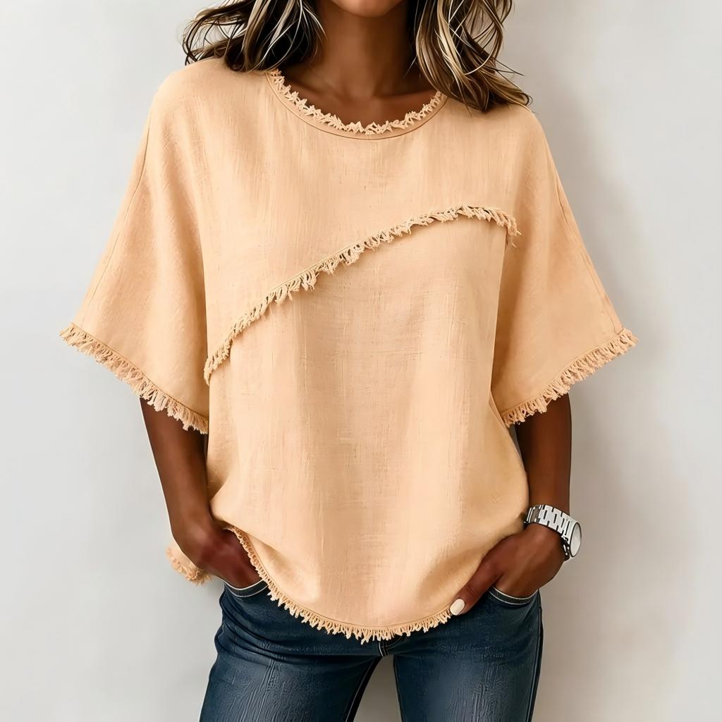 Women's Casual Linen Blend Blouse with Asymmetric Fringe Trim