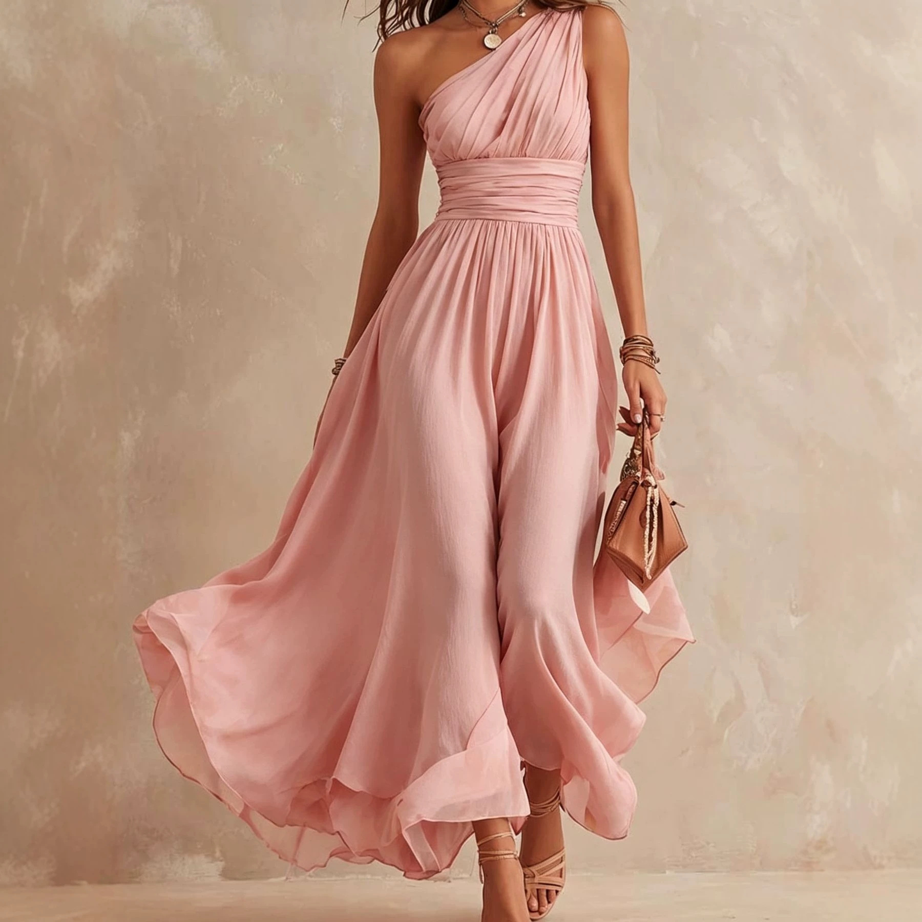 Elegant One-Shoulder Chiffon Maxi Dress – High-Waist Slim Fit Double-Layered Evening Dress