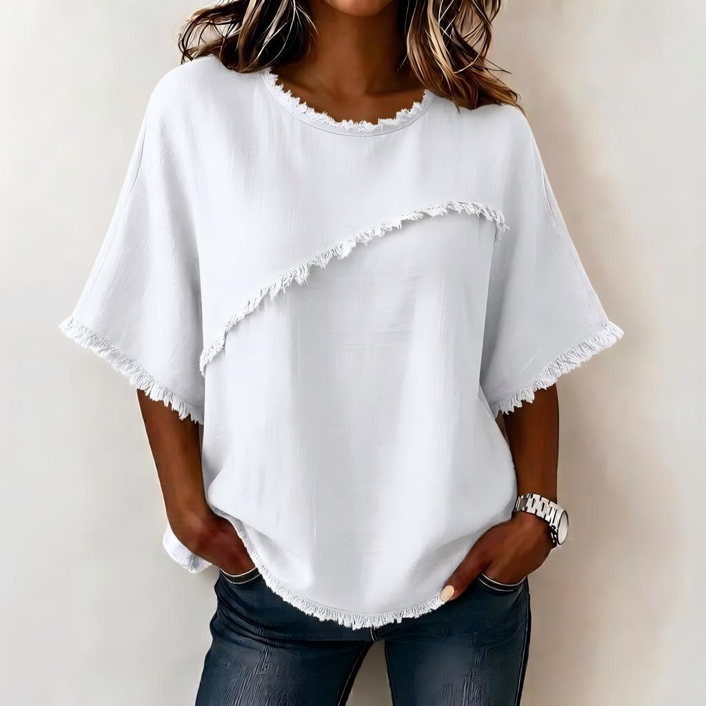 Women's Casual Linen Blend Blouse with Asymmetric Fringe Trim