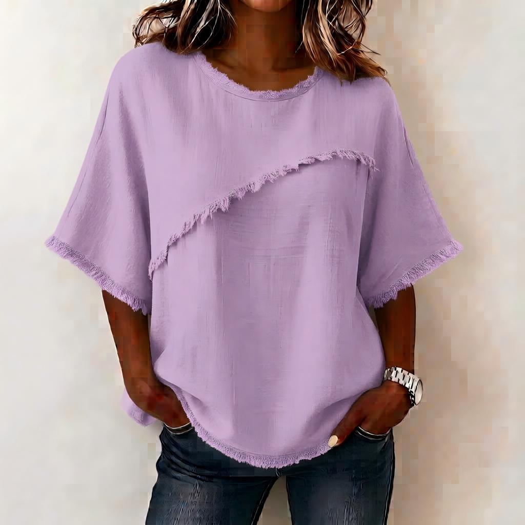Women's Casual Linen Blend Blouse with Asymmetric Fringe Trim