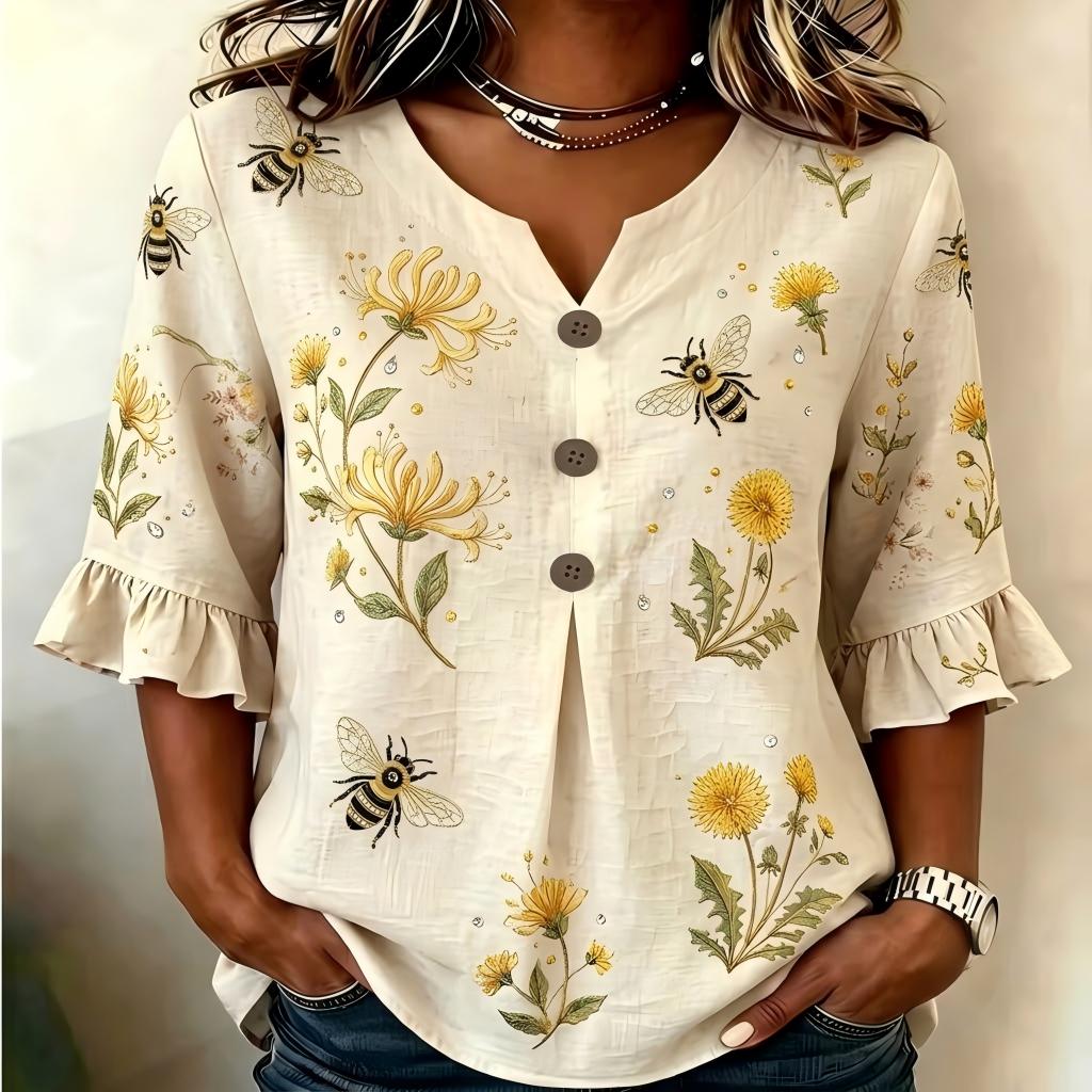 🔥Last Day 50% OFF 🌸🌿 Elegant Linen Bee & Dandelion Embroidered Blouse (✨2026 Limited Edition)