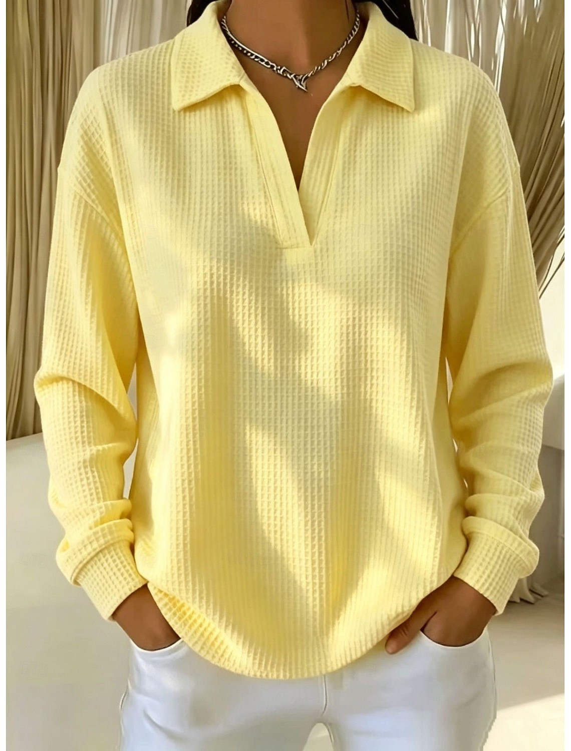 Women's Waffle Shirt Tunic Casual Shirt Texture Vacation Casual Casual Daily Work Blue White Grass Green Black Yellow Fall Winter